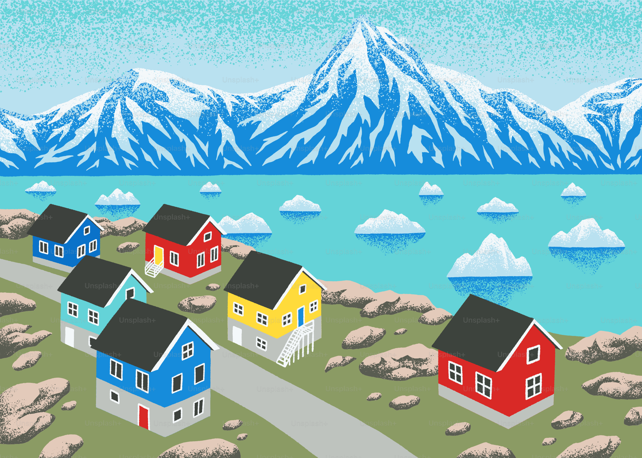 Colorful houses by icy sea and snowy mountains