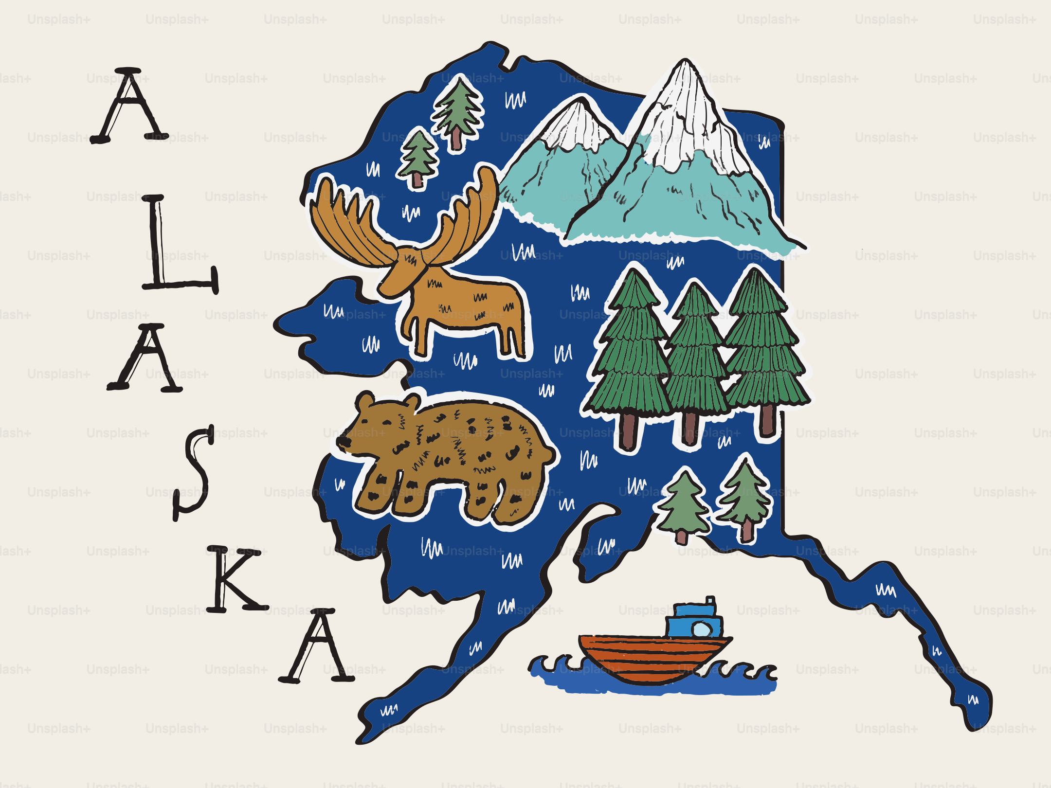 Alaska map with moose, bear, mountains, trees, and boat