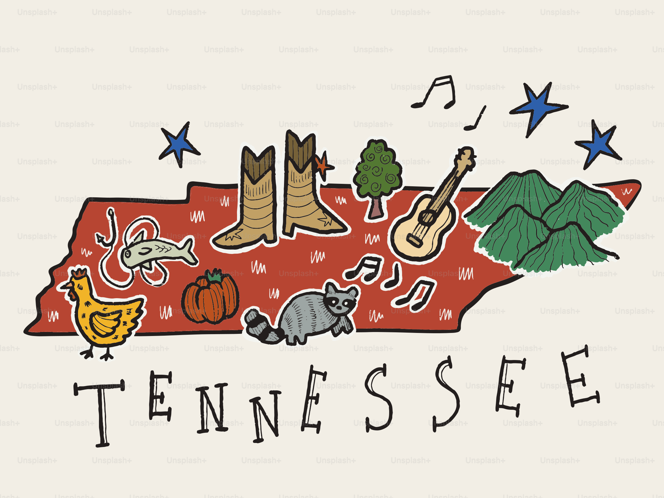 象徴的なシンボルとテキストを含むテネシー州の輪郭