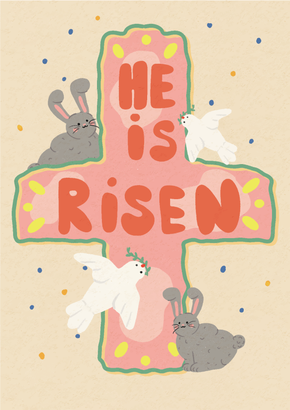 Il est relevé avec des lapins et des colombes