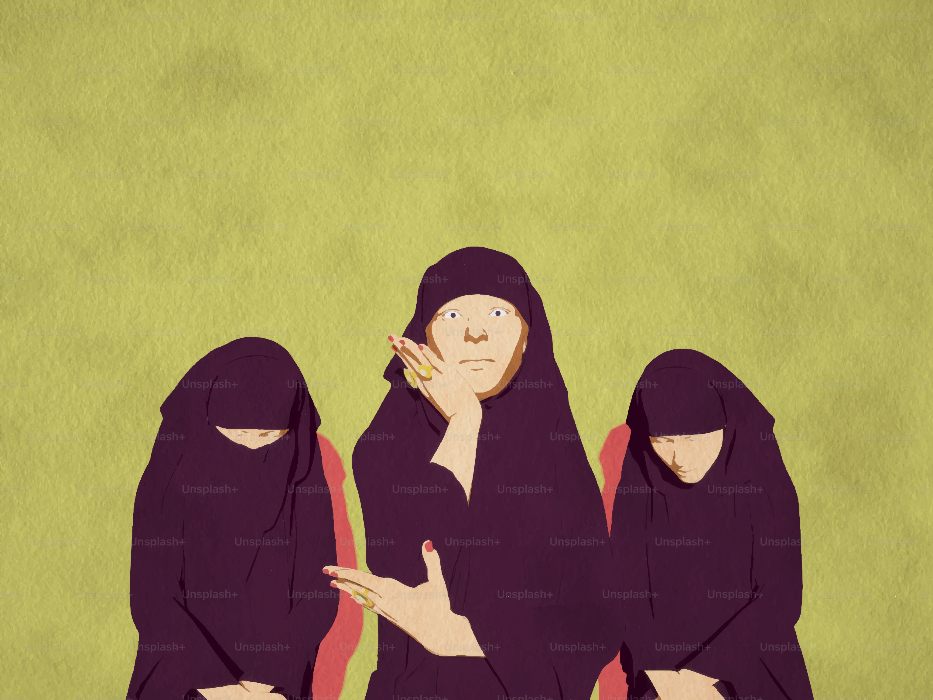 Drei Frauen in dunklen Schleiern stehen vor einem grünen Hintergrund.