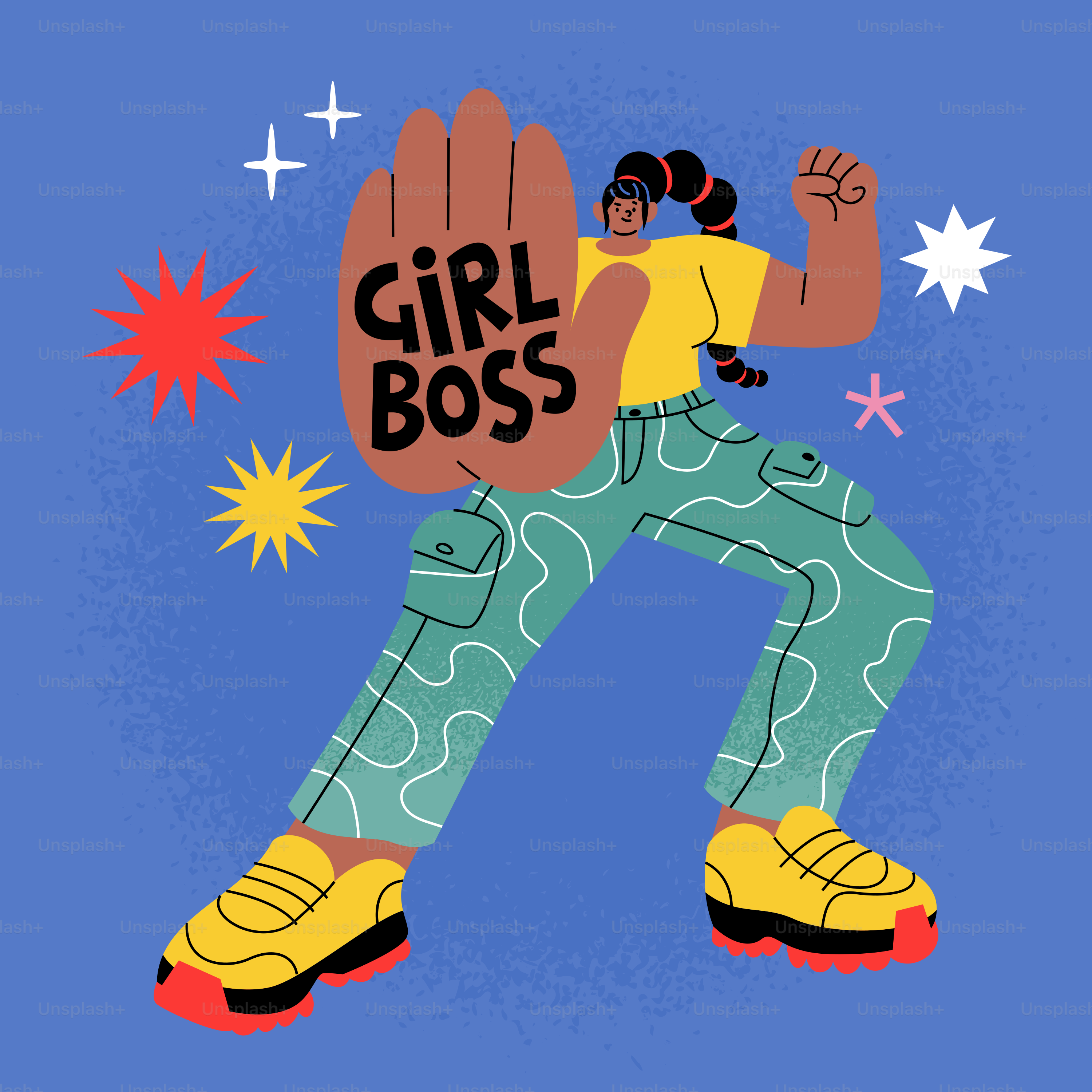 Eine Frau mit "Girl Boss" auf der Handfläche hebt die Faust.