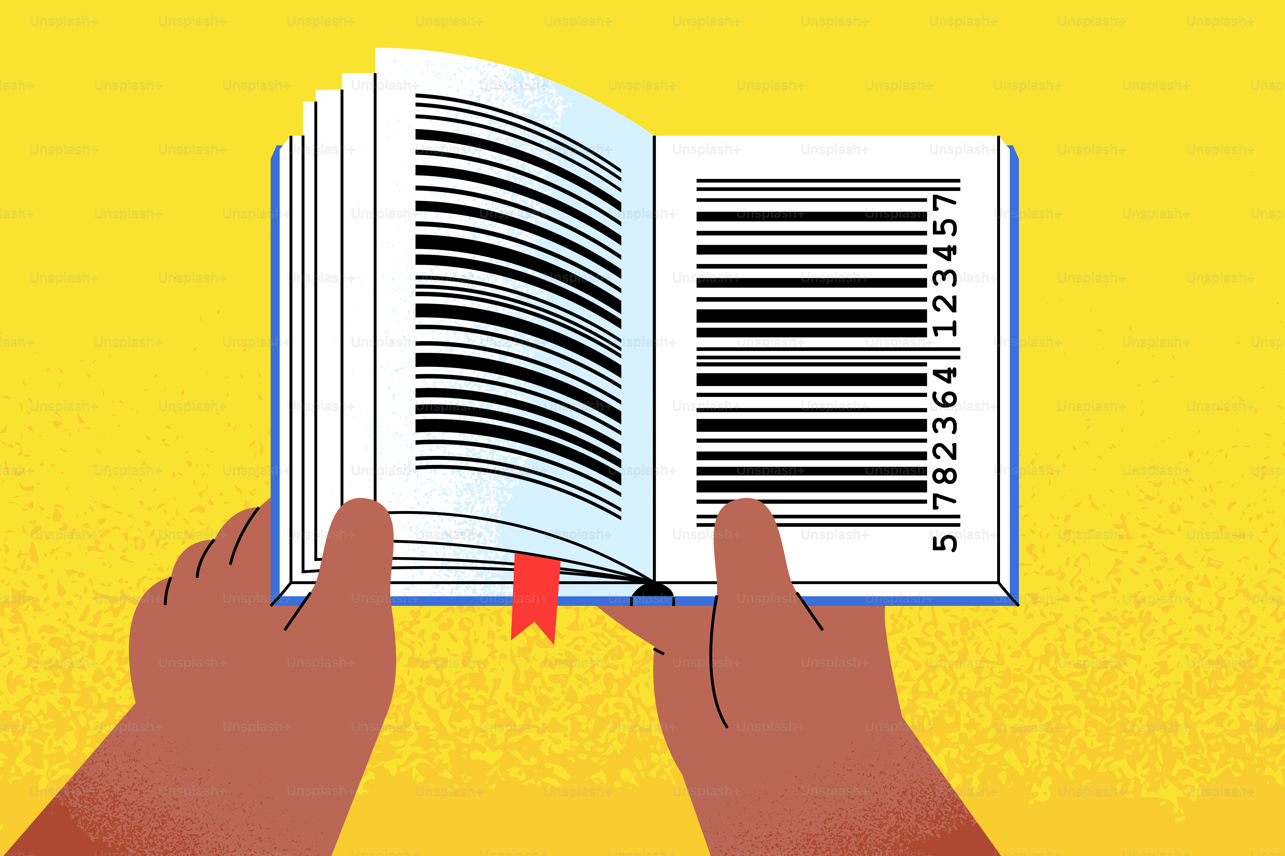 Manos sujetan un libro abierto con códigos de barras en vez de texto.