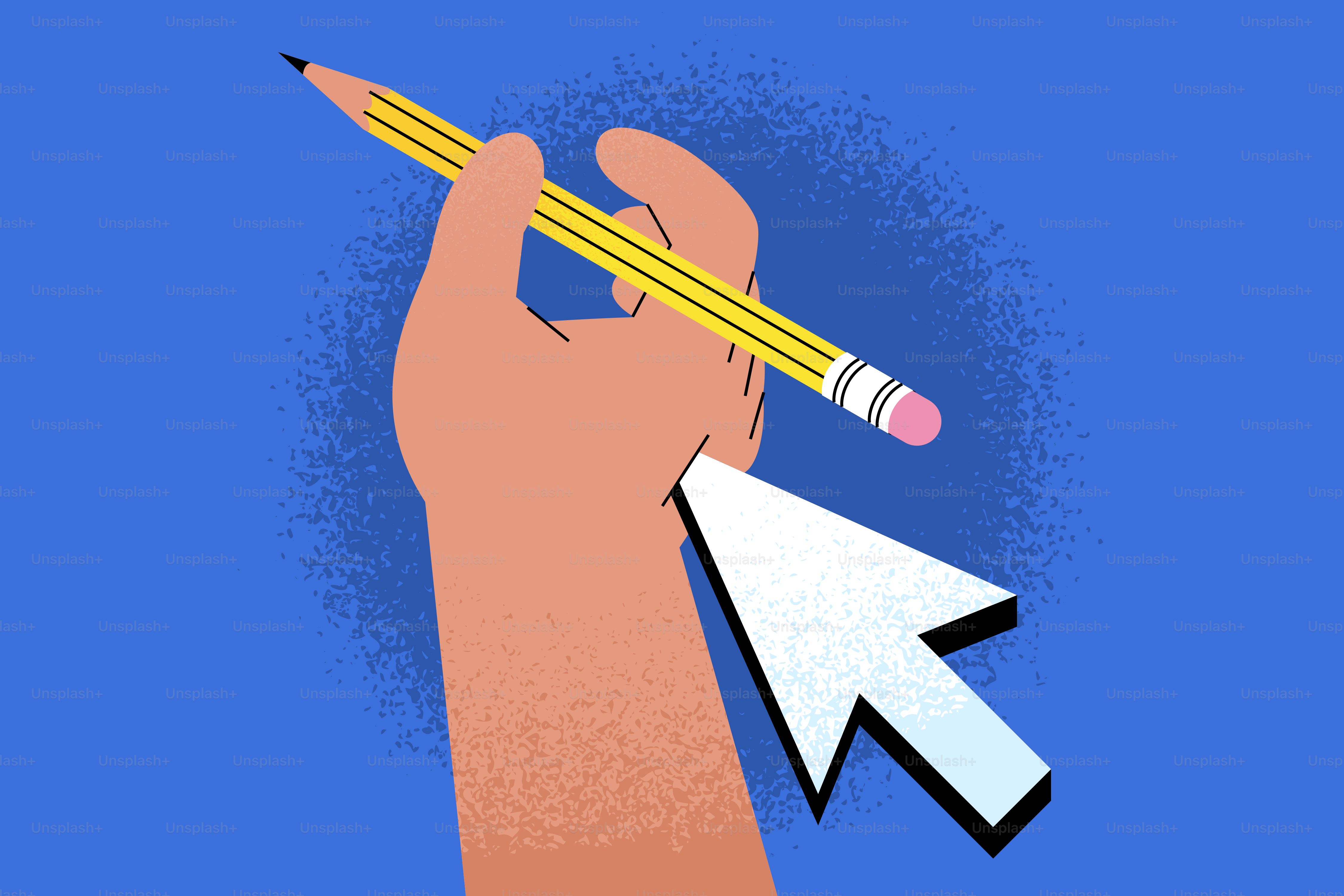 Hand holding pencil with a cursor pointing