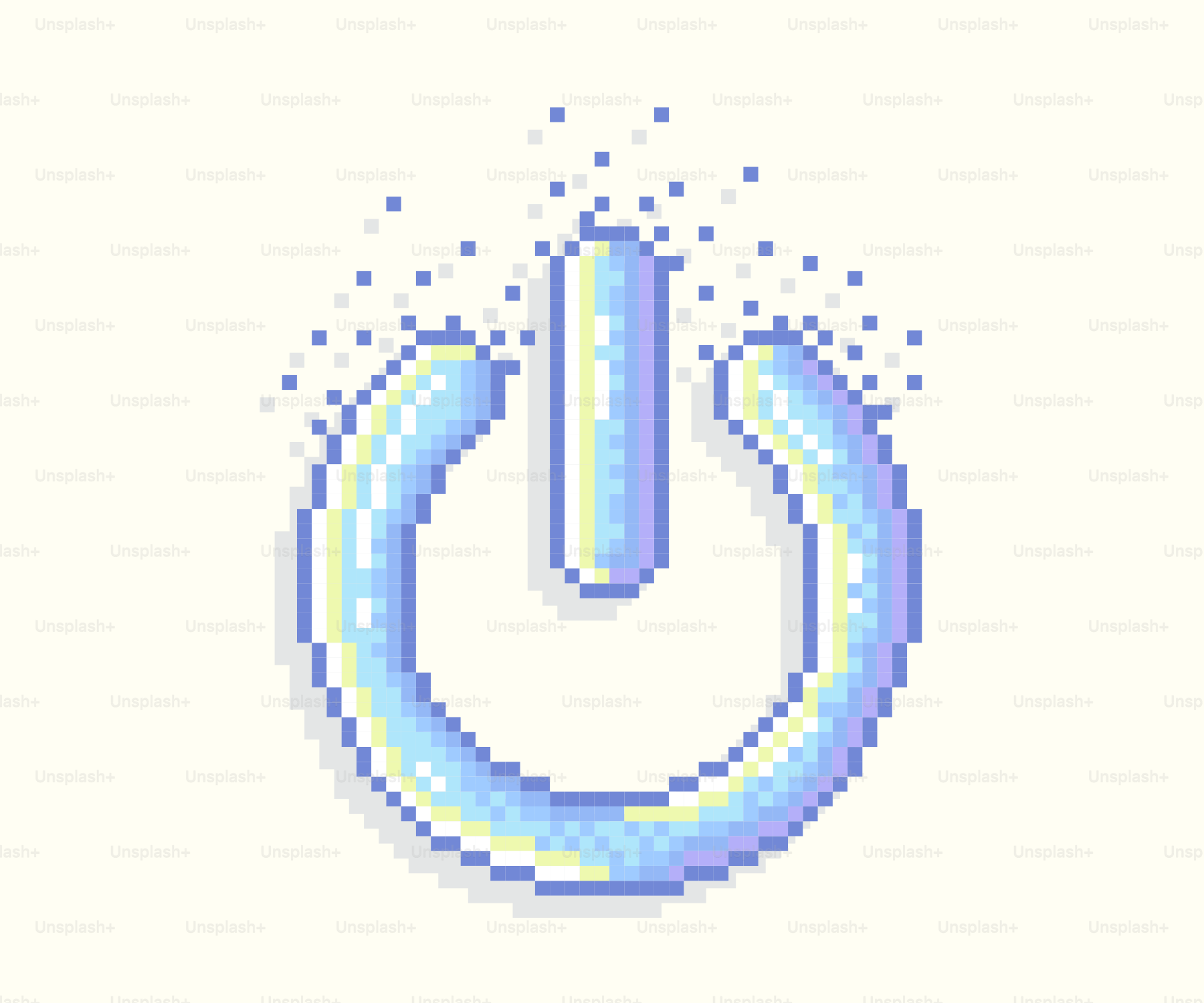 Pixeliger Power-Knopf, der mit Lichtpartikeln leuchtet