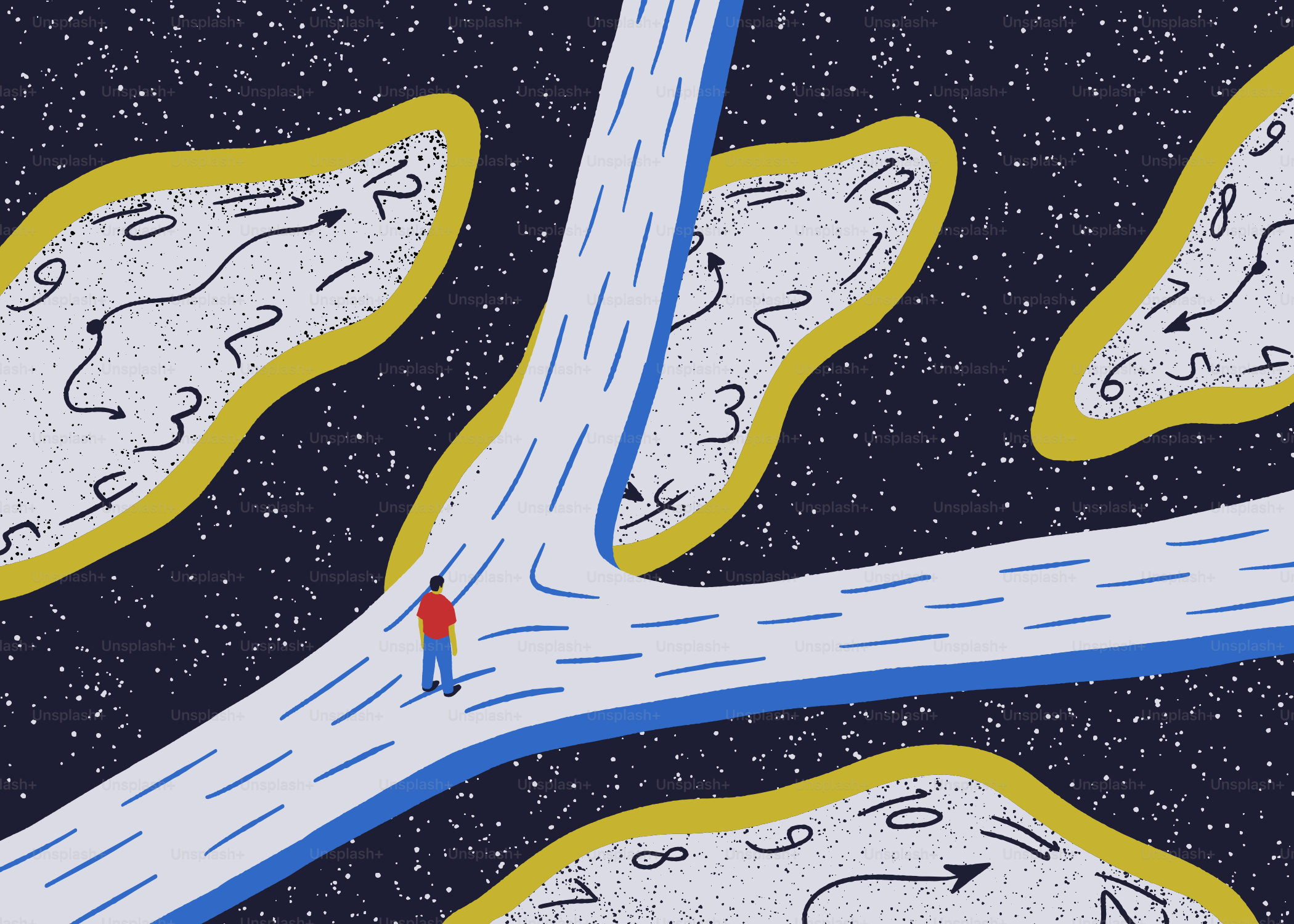 A person stands at a crossroads with melting clocks.