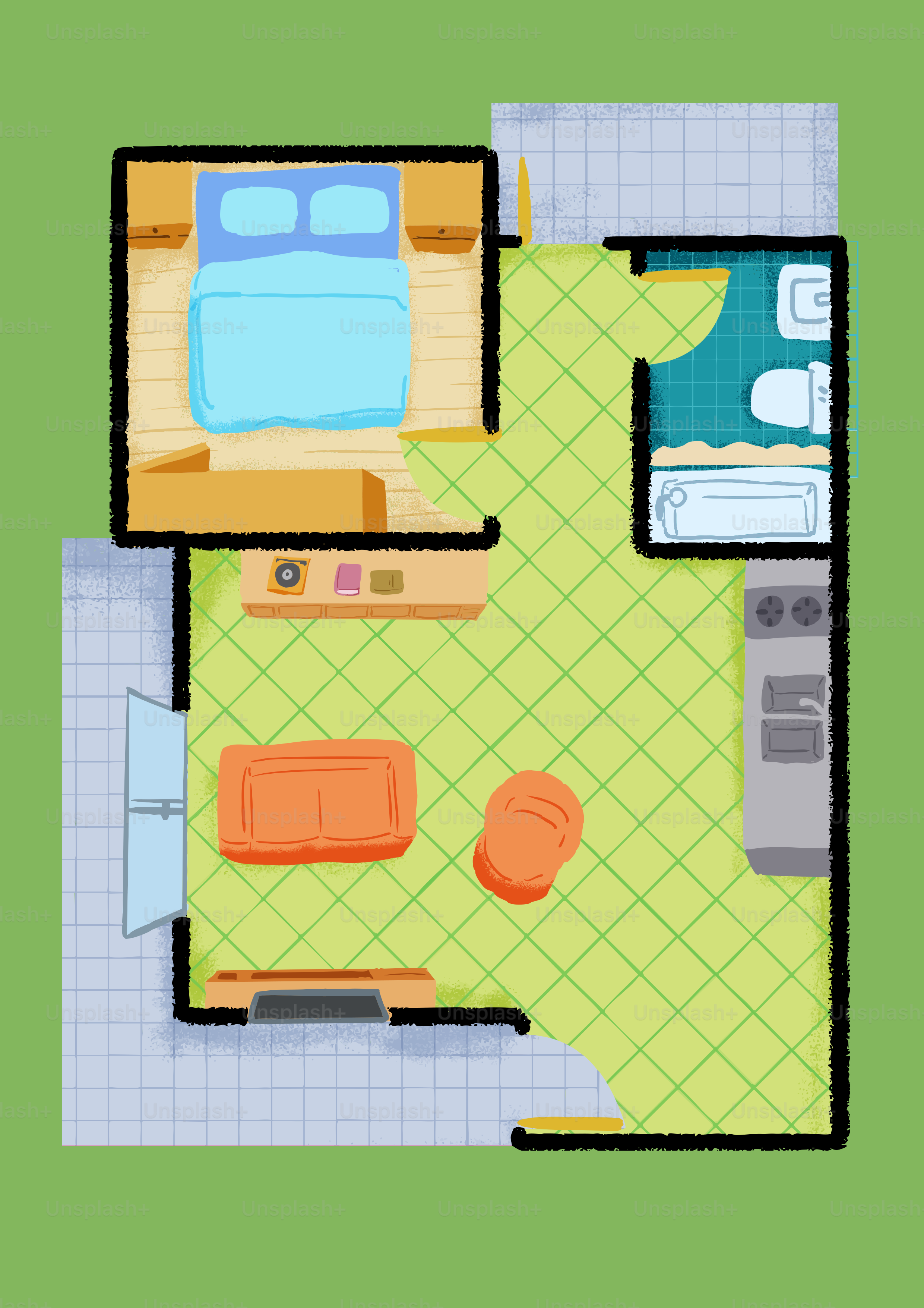 Floor plan of a studio apartment with kitchen and bathroom.