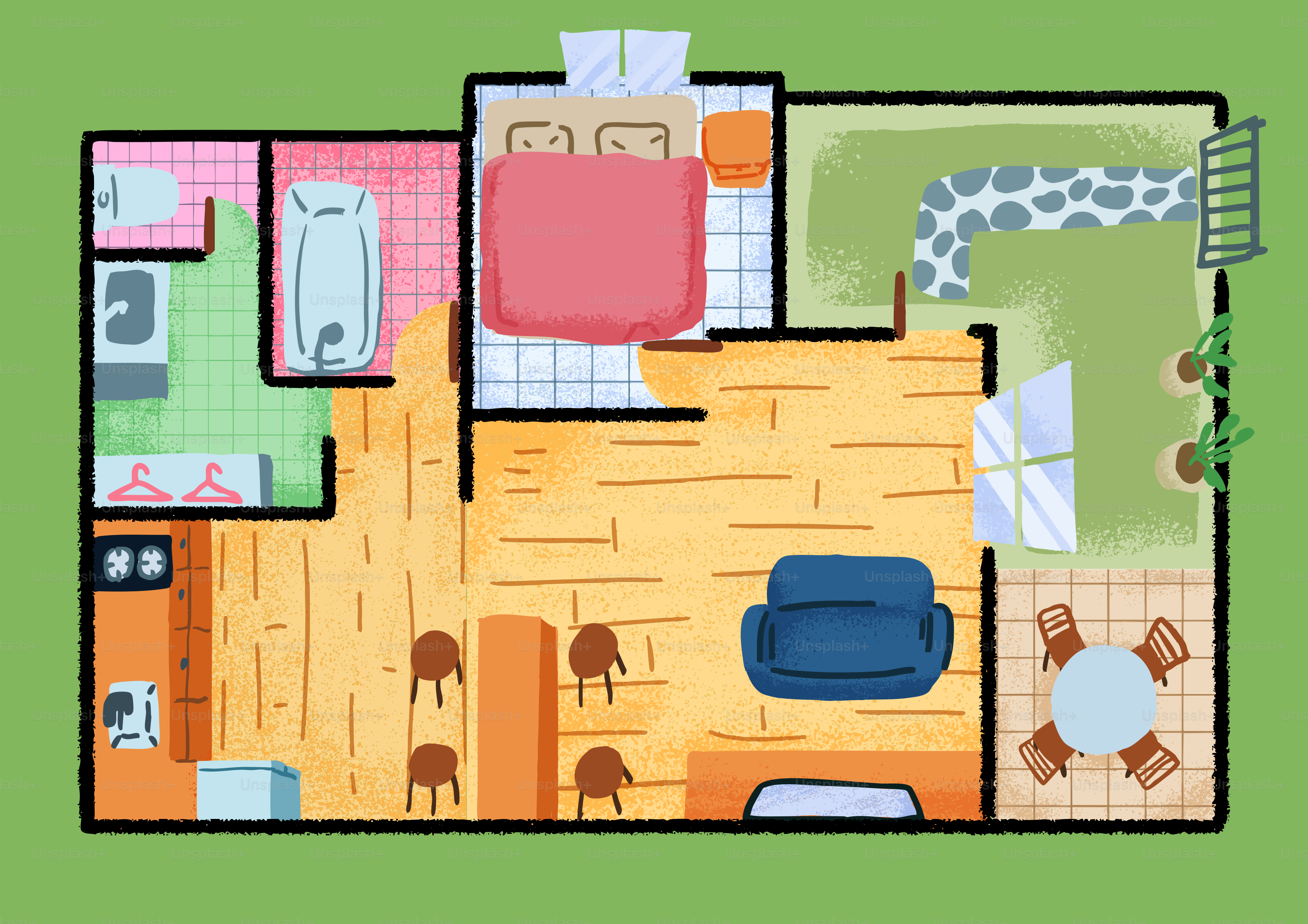 A colorful floor plan of a modern apartment layout.