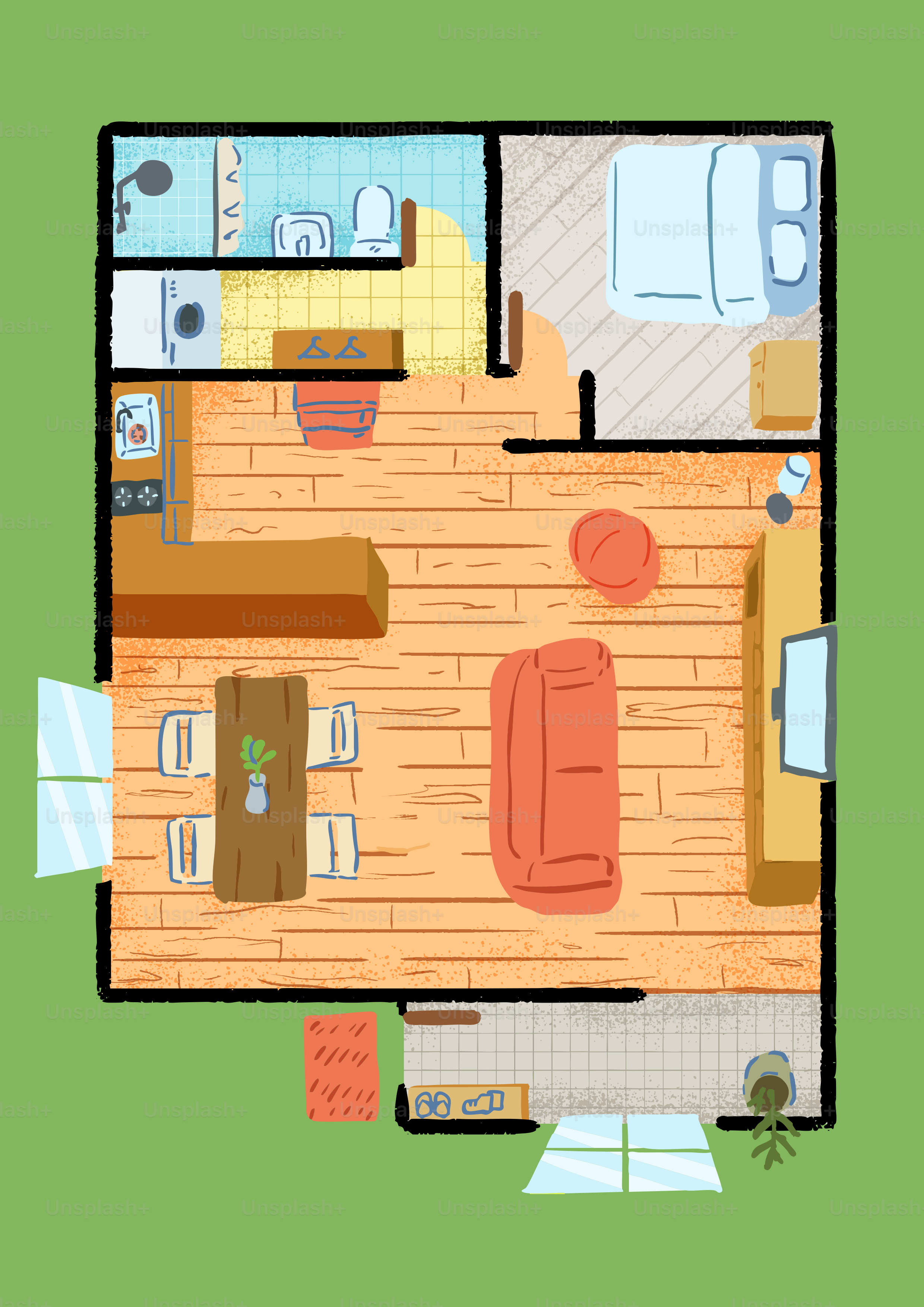 A floor plan of a small apartment with living areas.