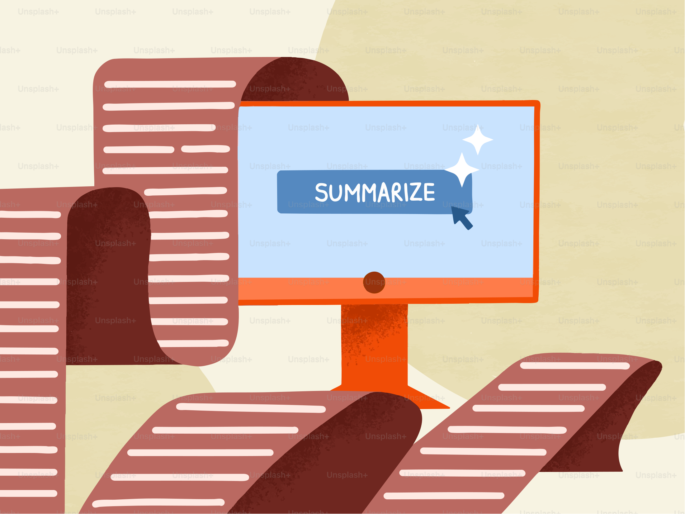 Schermo del computer con pulsante "riassumi" e lungo scorrimento di testo