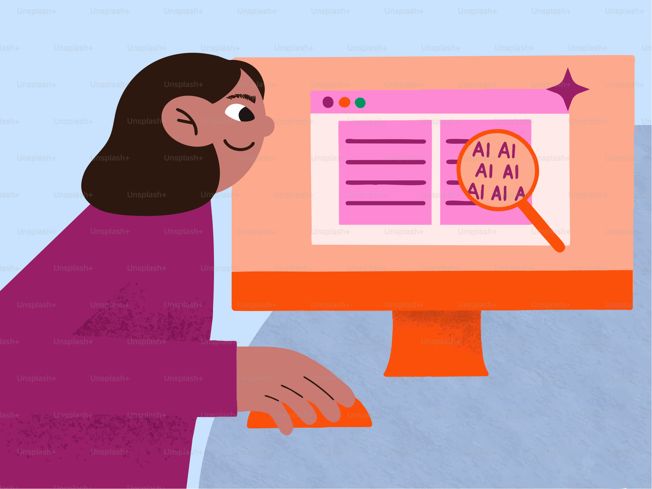 Donna che guarda l'analisi testuale AI sullo schermo del computer