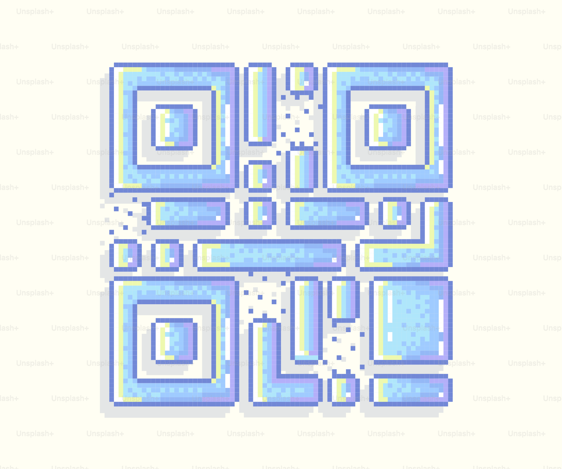 Ein Pixel-Art-QR-Code mit blauen und lila Elementen.
