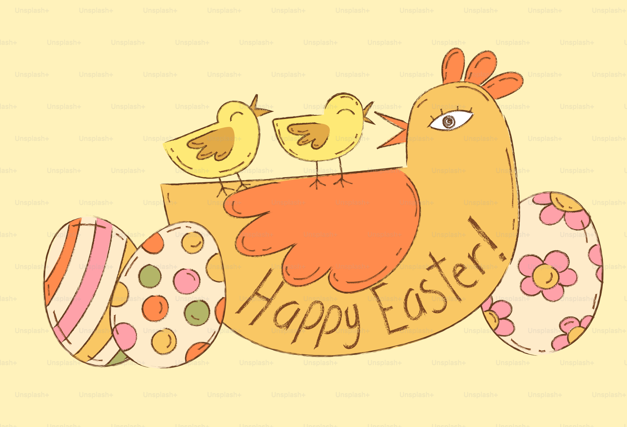 Frohes Ostern mit Huhn, Küken und dekorierten Eiern