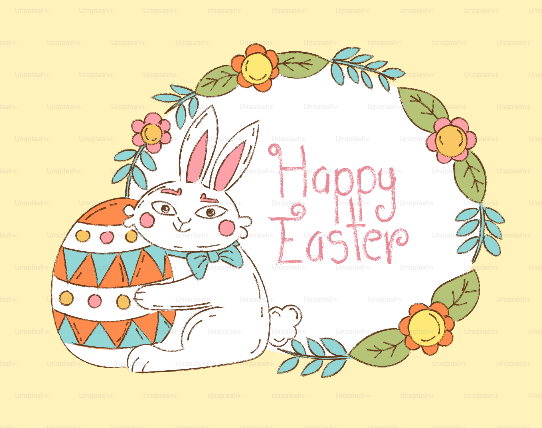 Ein weißer Hase umarmt ein verziertes Osterei.