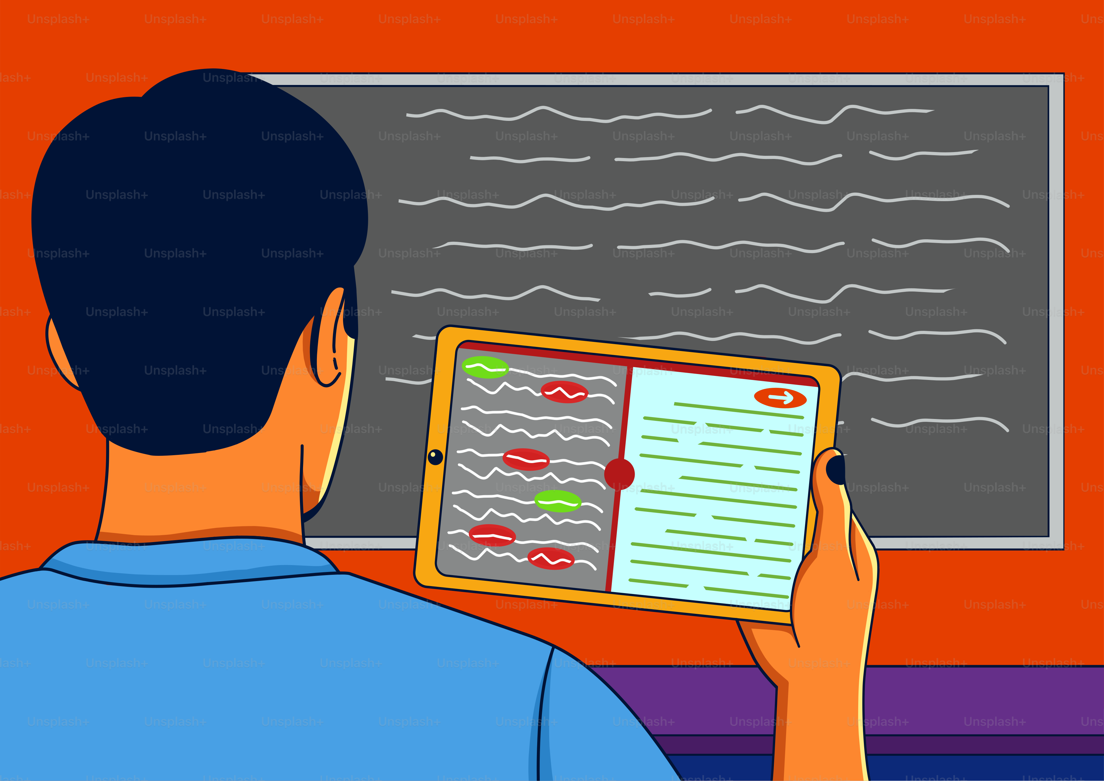 Homme regardant une tablette avec des données et un tableau noir