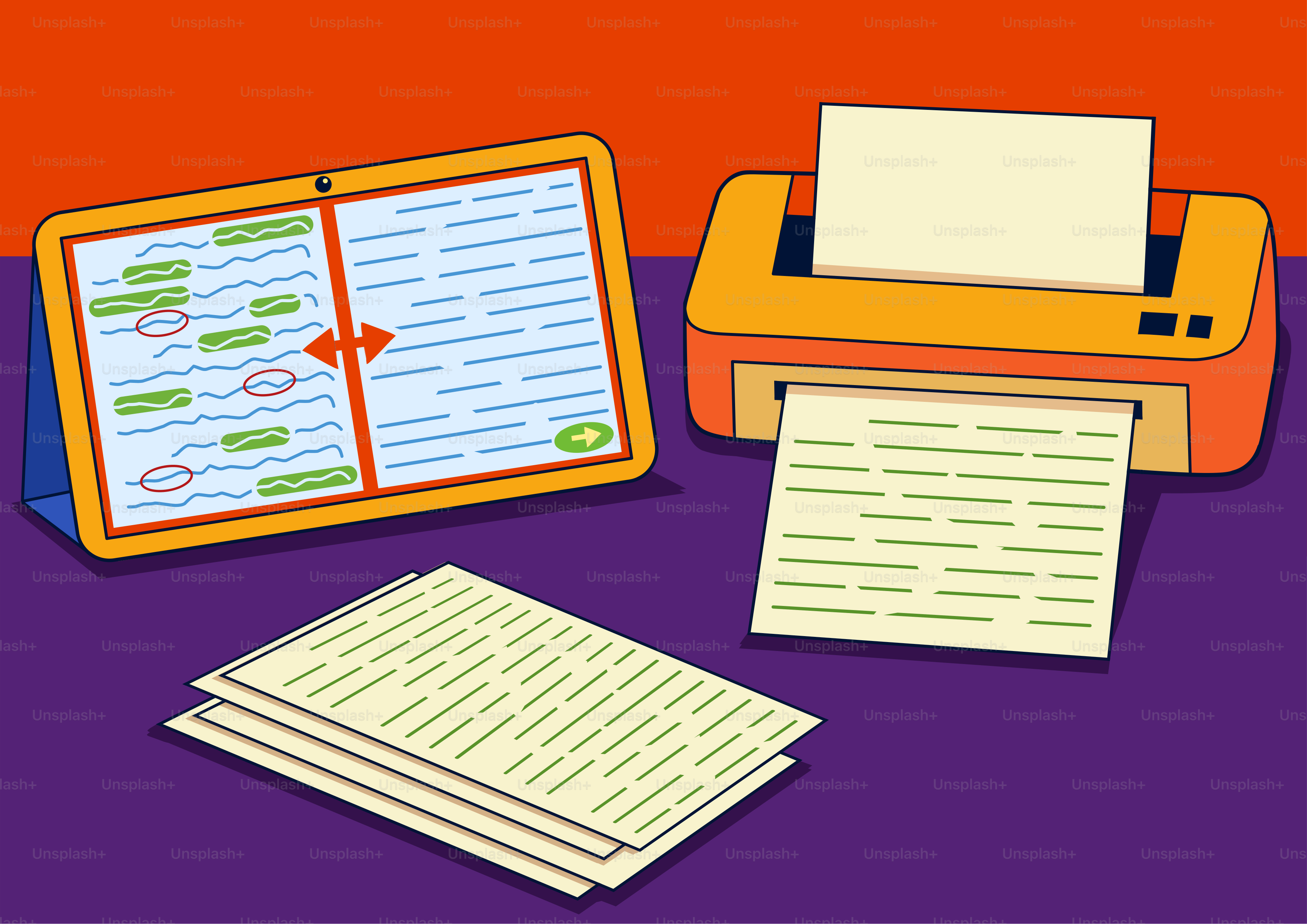 Tablette, imprimante et papiers sur un bureau.