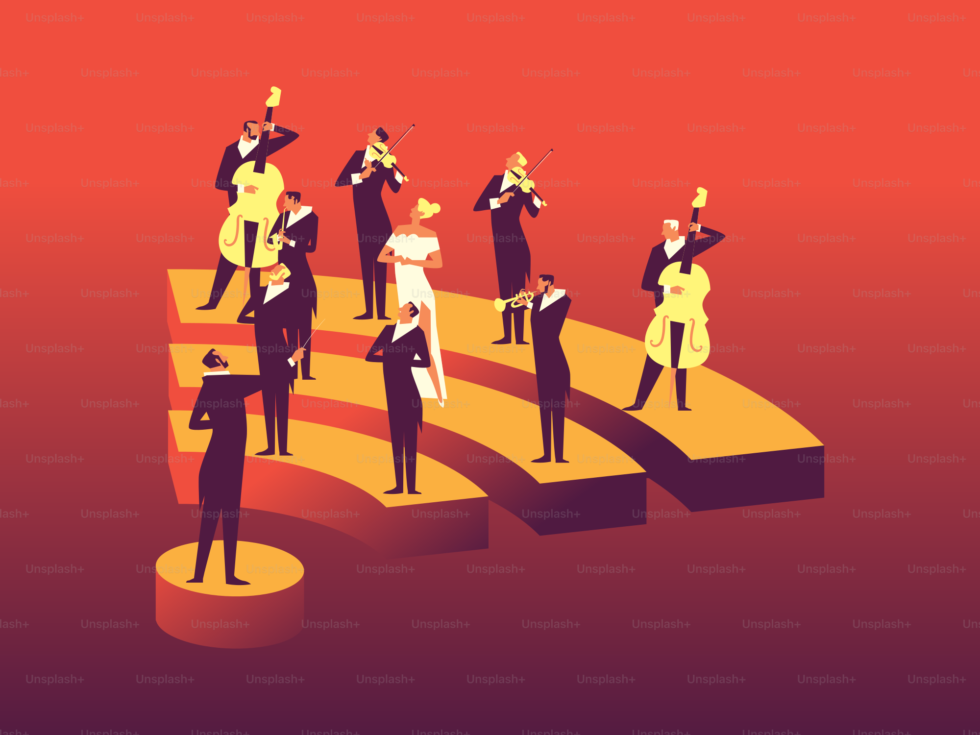 Orchestra performing on a tiered stage with conductor