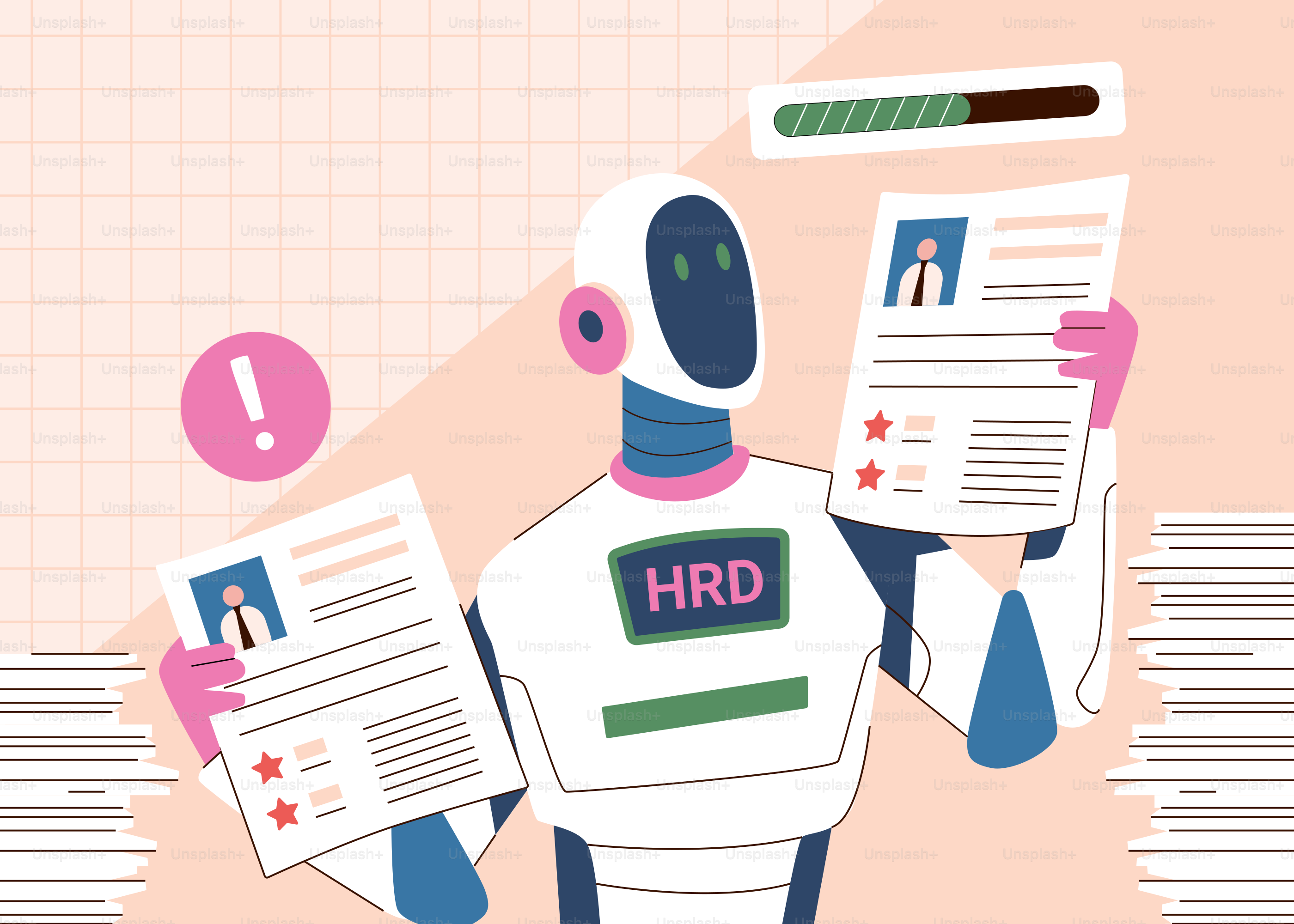 Robot holding resumes with hrd logo and progress bar.