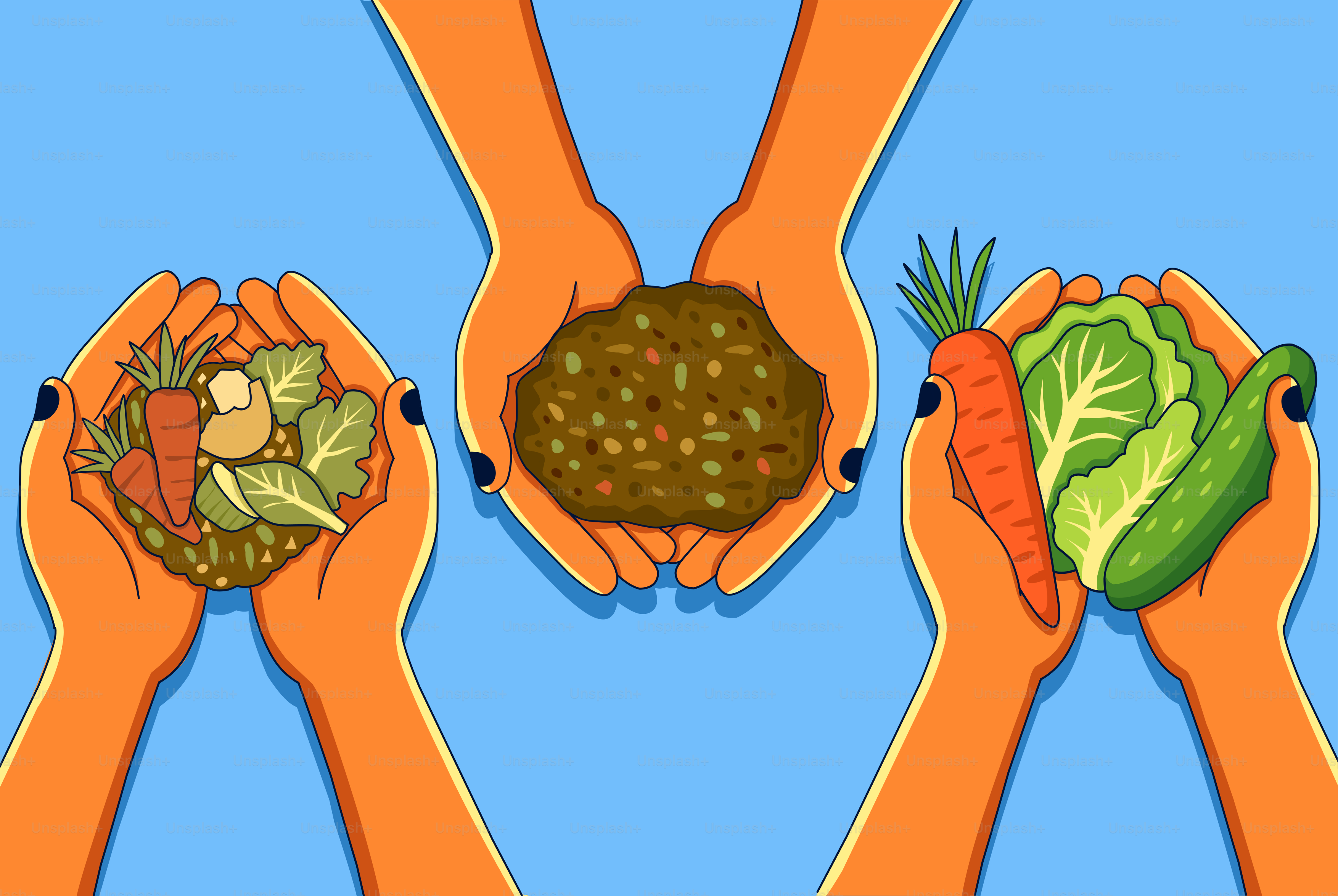 Trois mains tiennent différents types de nourriture