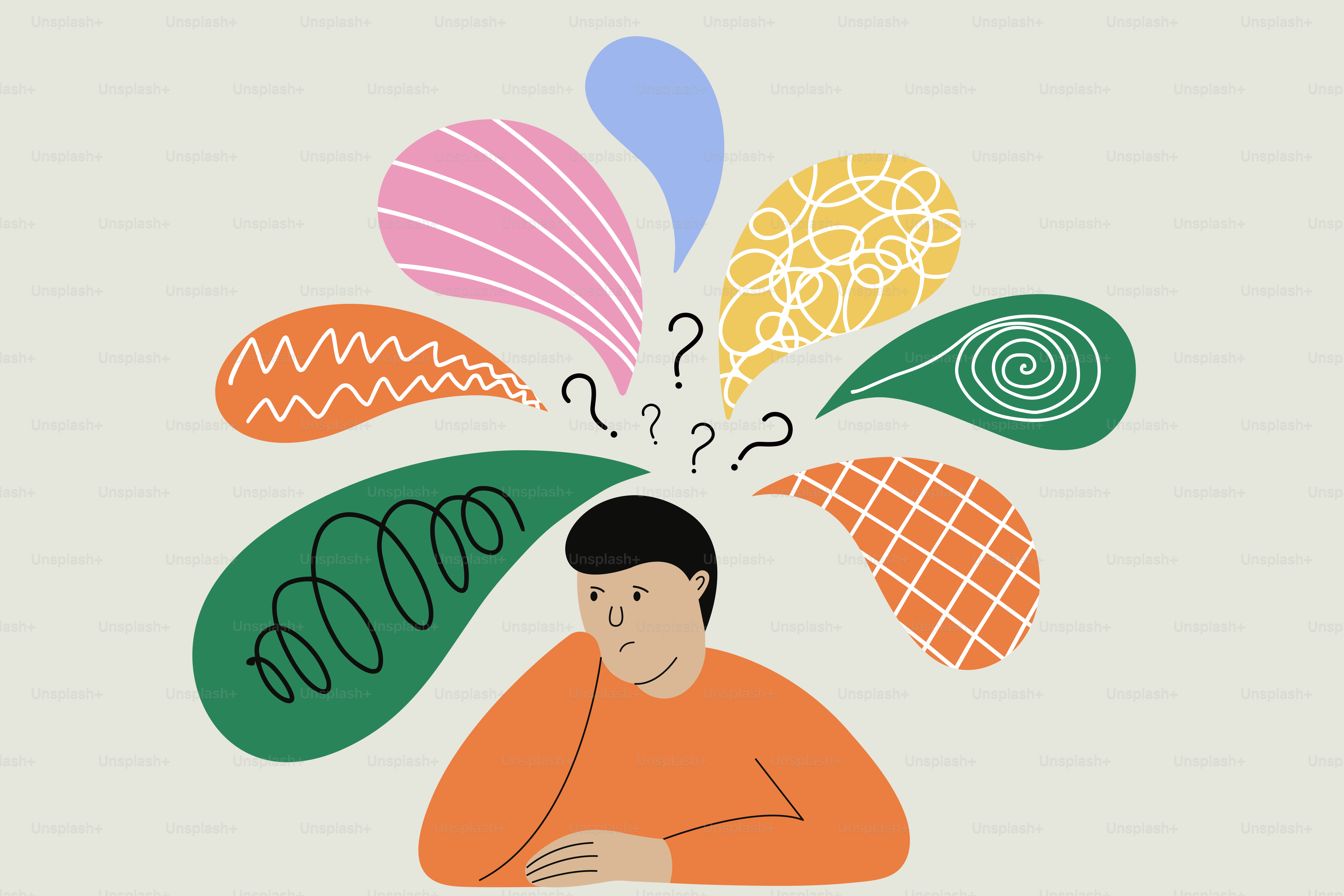 Man with colorful thoughts and question marks above head vector ...