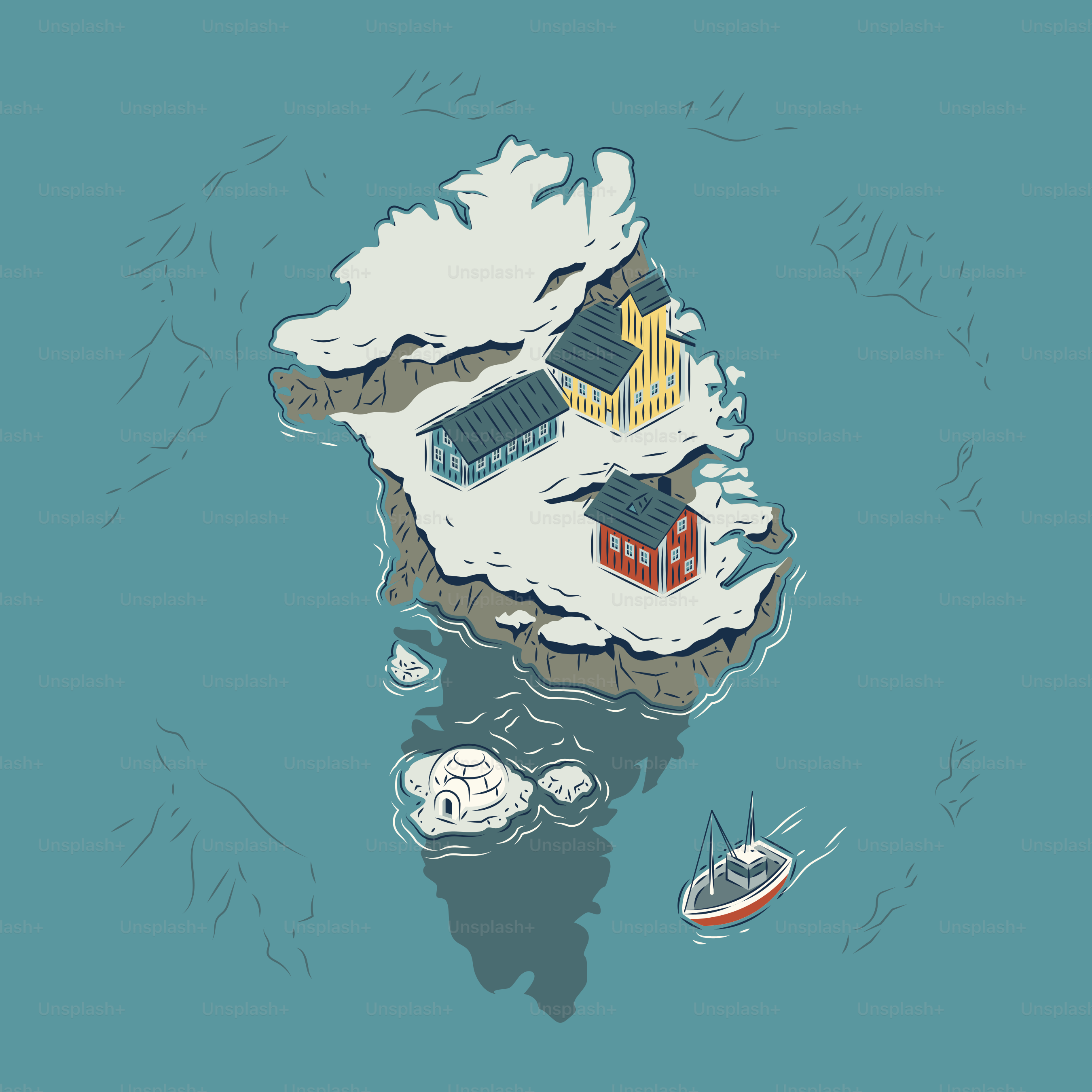 Kleines arktisches Dorf mit bunten Häusern und einem Boot.