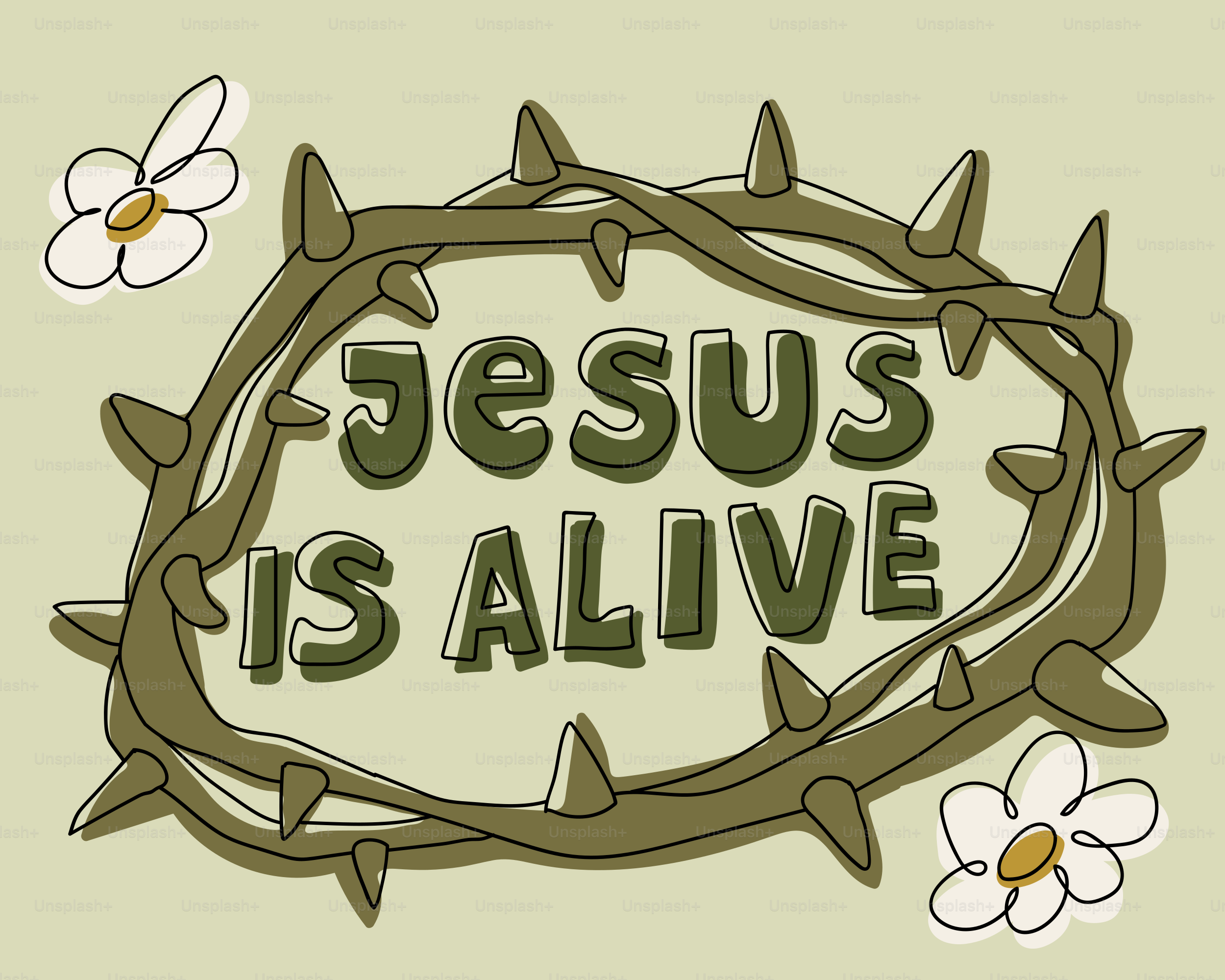 Dornenkrone mit dem Text "Jesus lebt" und Blumen.