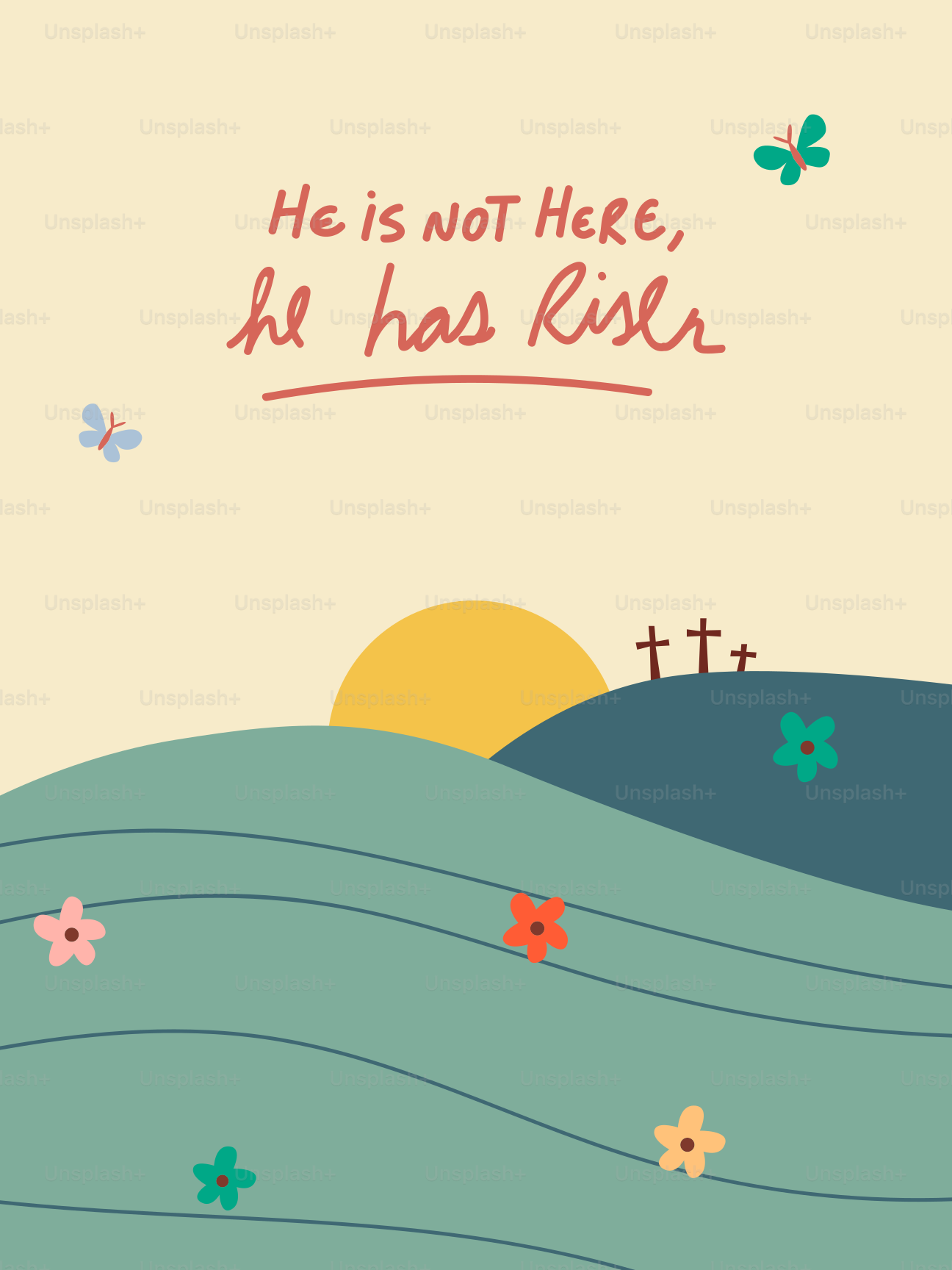 Scena pasquale con croci, sole e fiori