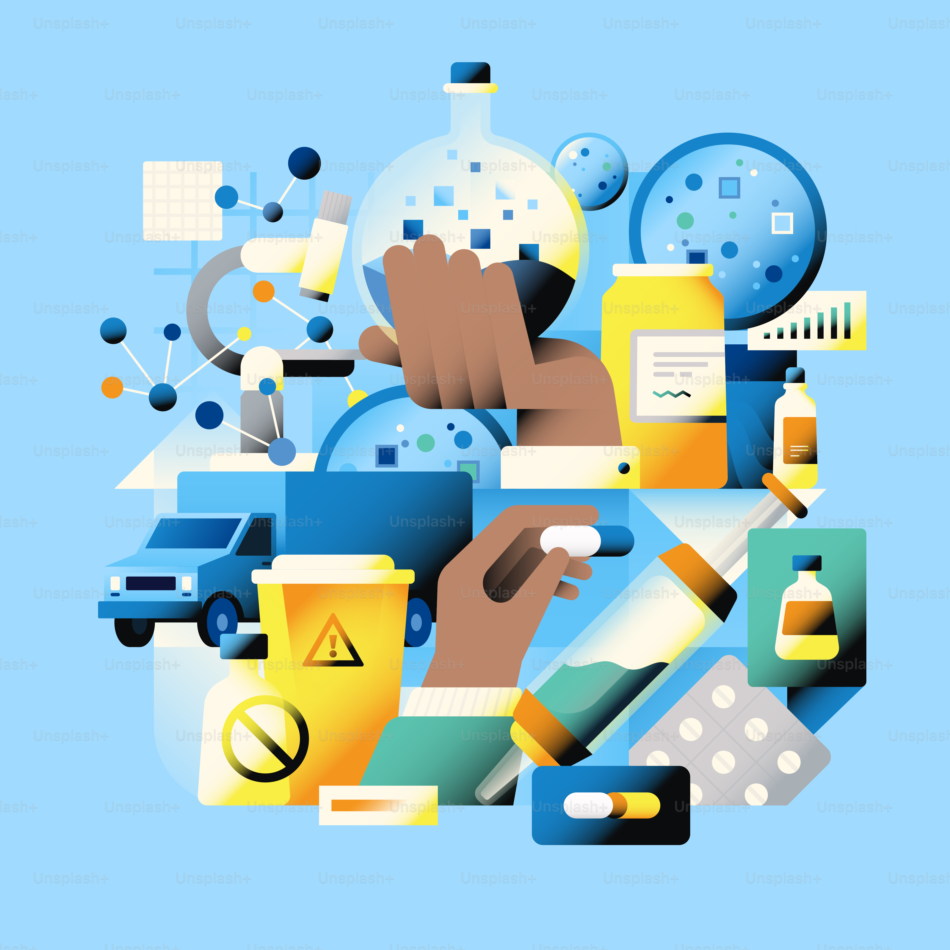 Medical supplies and laboratory equipment arranged abstractly.