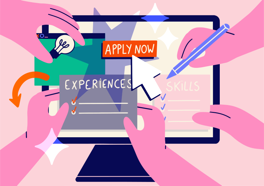 Hands collaborating on a computer screen with 'apply now'.