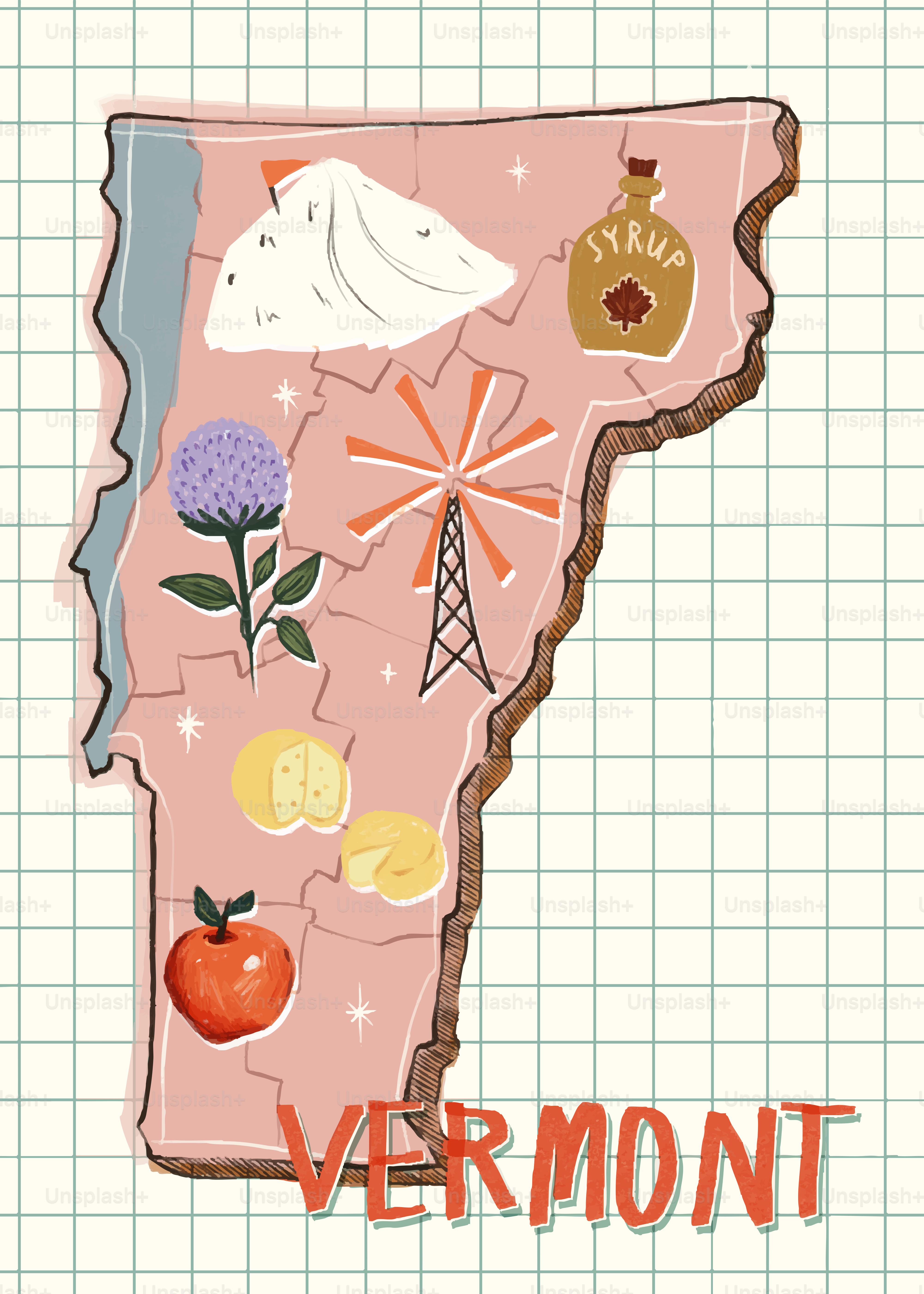 Vermont map with icons of local produce and landmarks