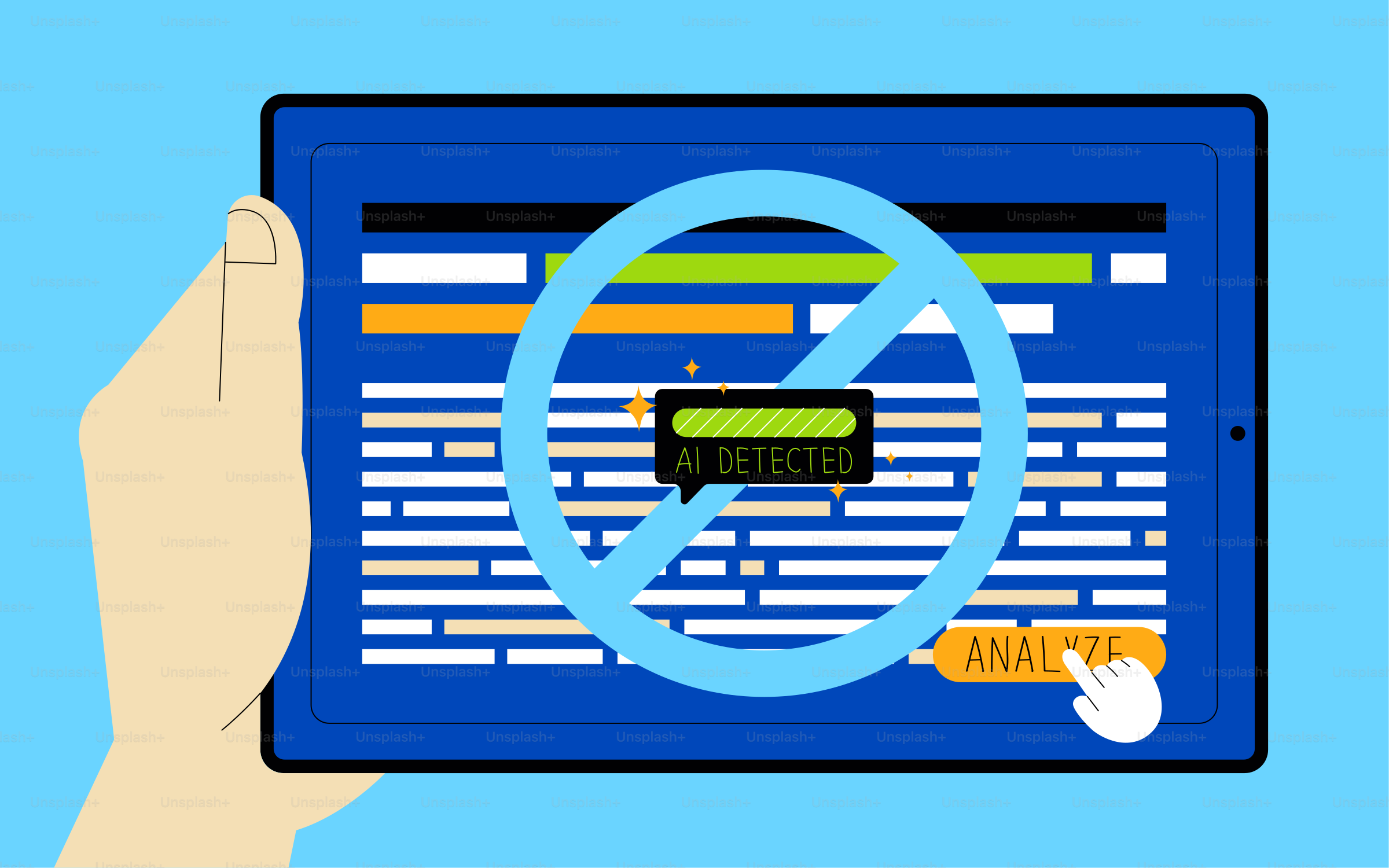 Der Tablet-Bildschirm zeigt KI als erkannt mit einem No-Symbol.