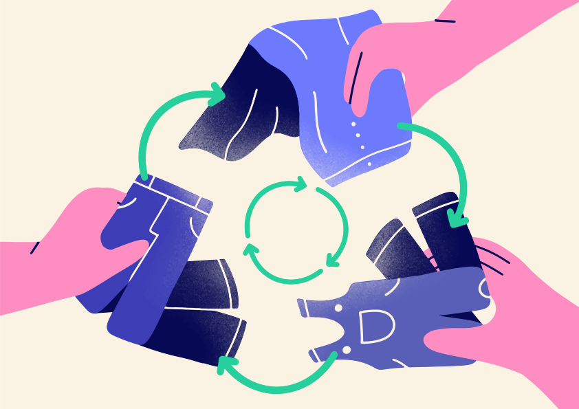 Hands holding clothes in a recycling symbol.