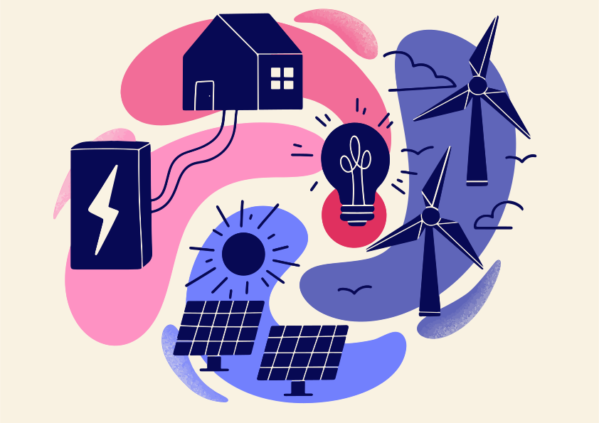 Erneuerbare Energiequellen, die ein Haus mit Solar- und Windenergie versorgen.