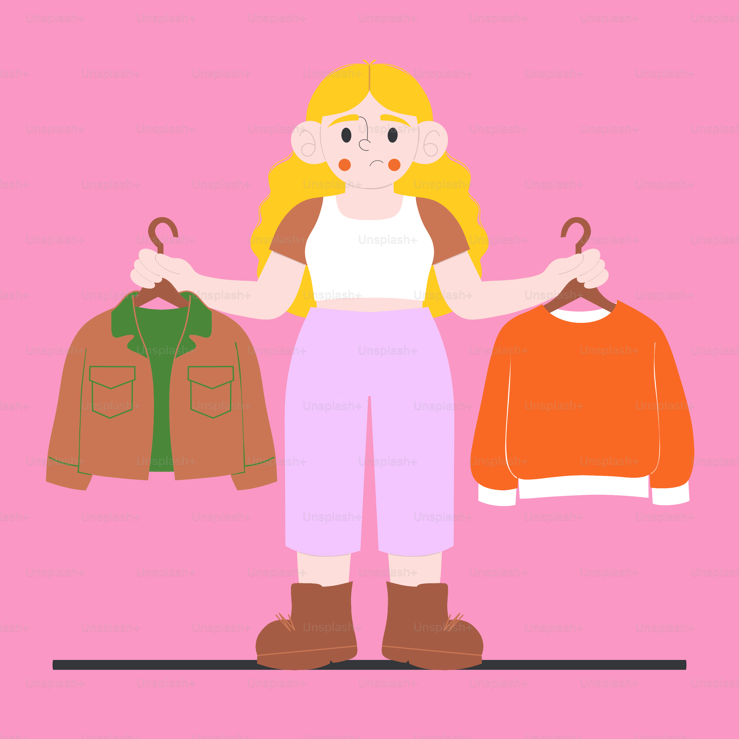 Woman holding two different outfits against pink background