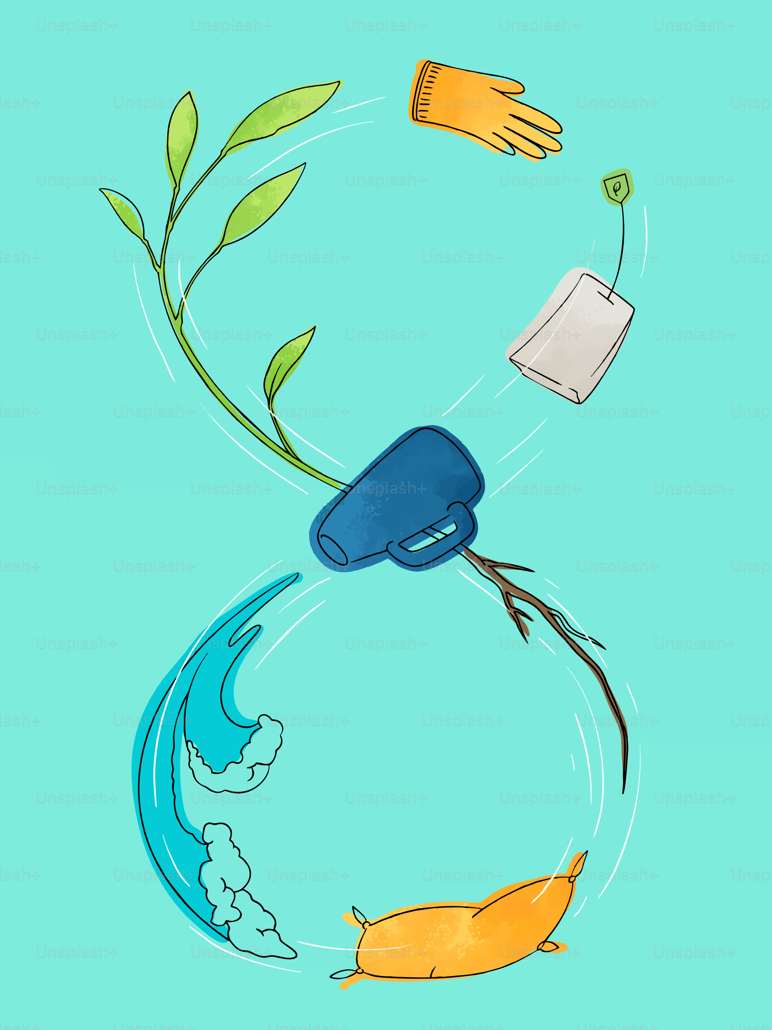 Gardening tools and elements arranged in a figure eight