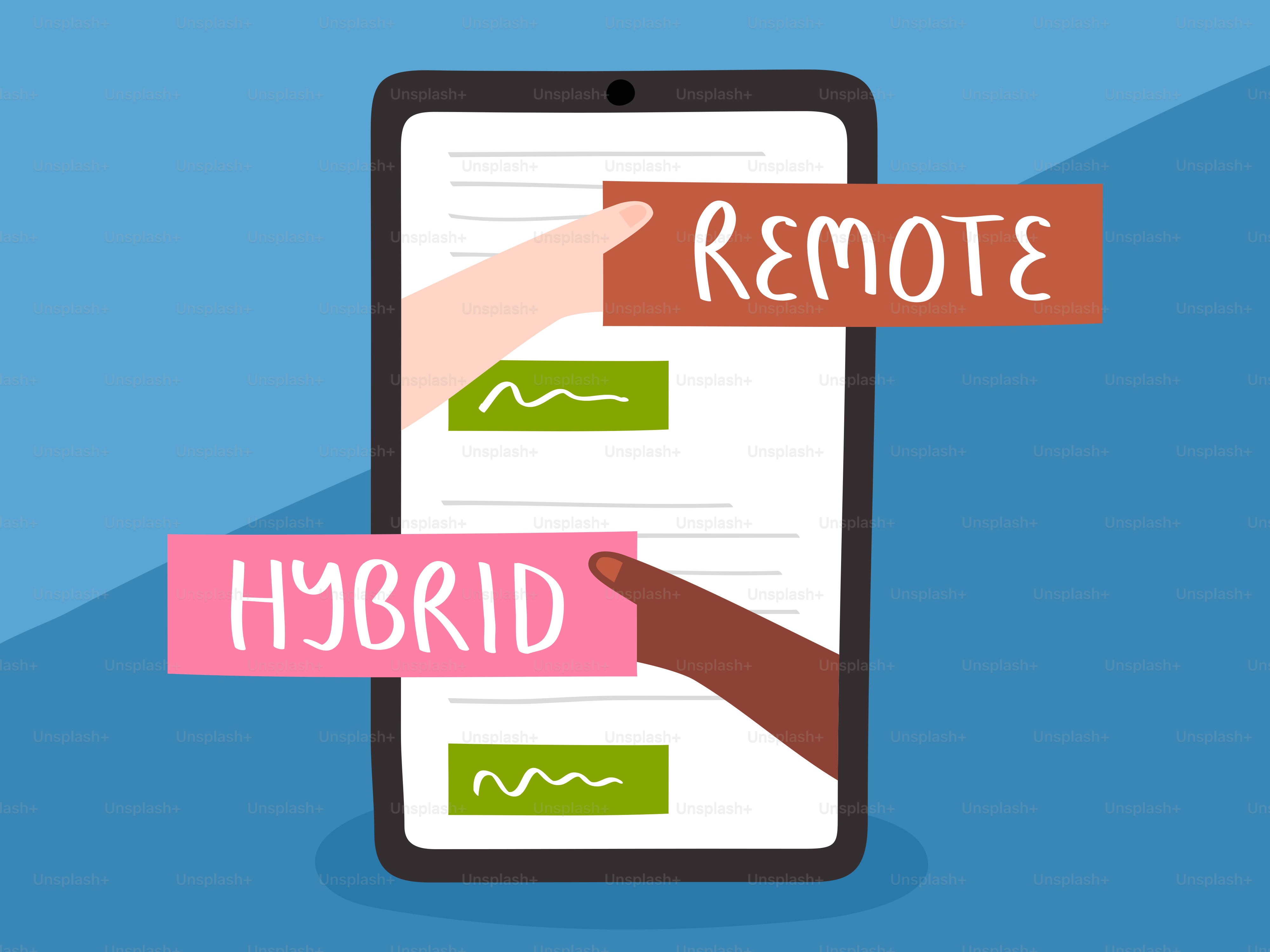 Mains tenant des étiquettes hybrides et à distance au-dessus de l’écran du téléphone