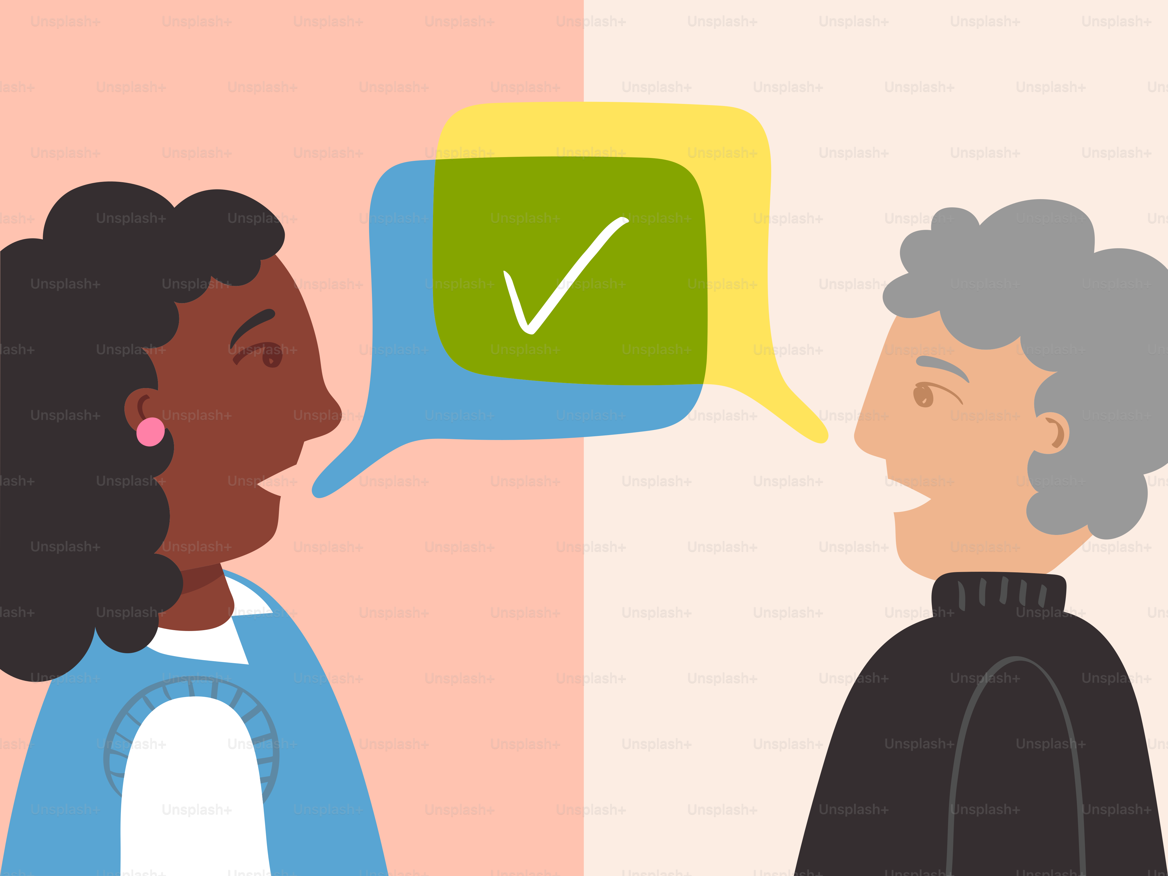 Deux personnes qui parlent avec une coche dans une bulle de dialogue.