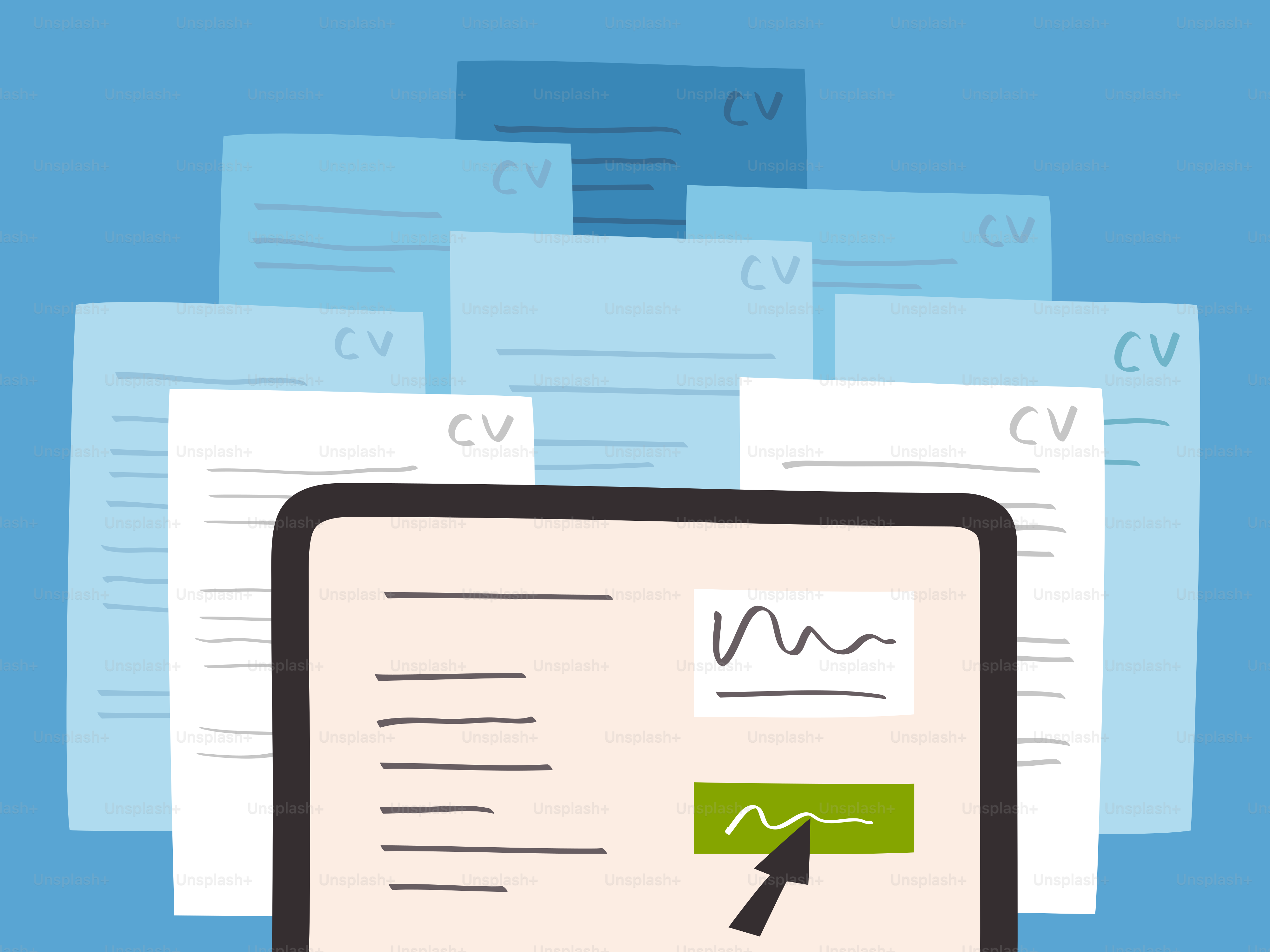 Des documents de curriculum vitae empilés derrière un écran de tablette.