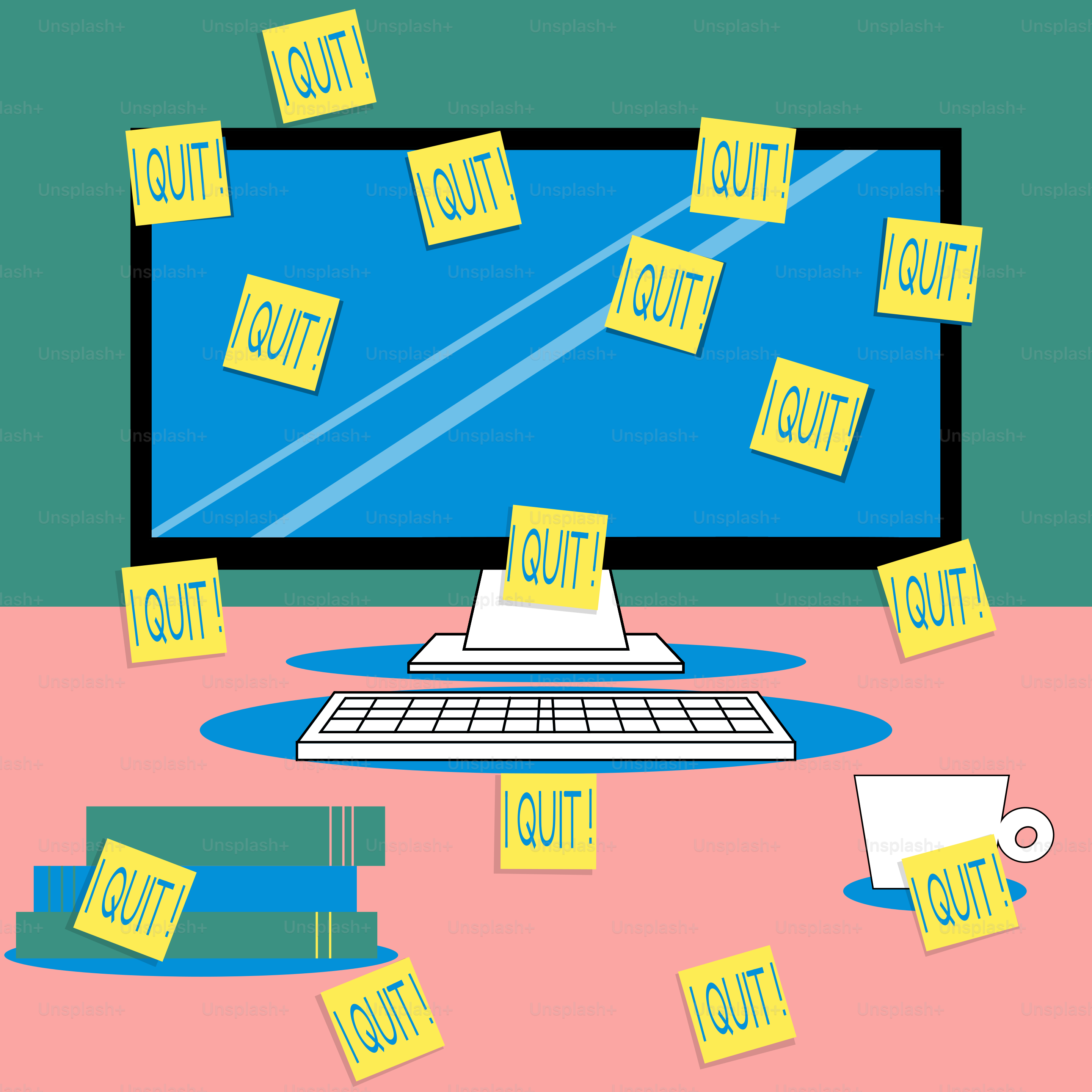 Schermo del computer coperto di post-it che dicevano di dimettere.