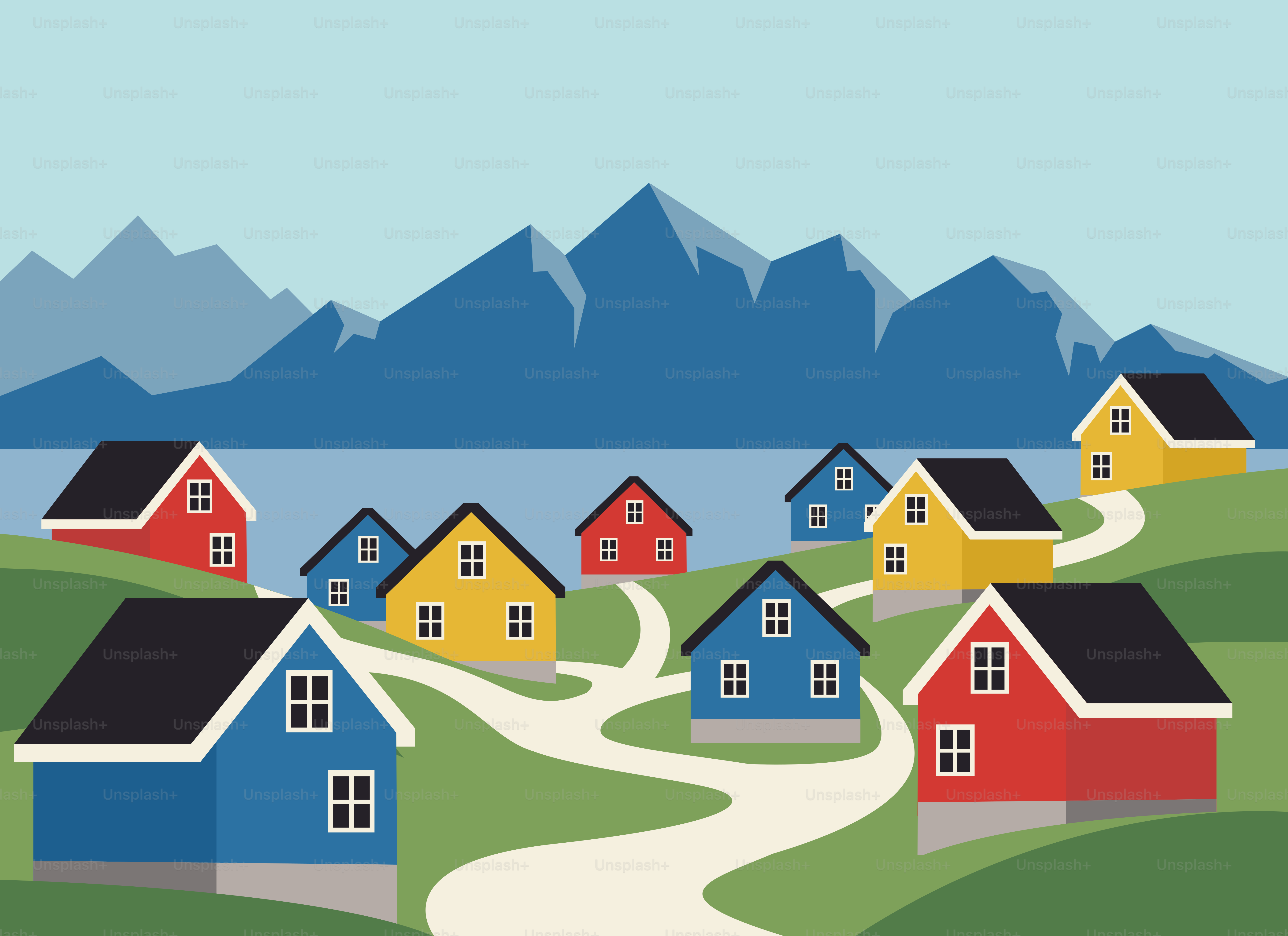 Colorful houses nestled on hillsides with mountains.