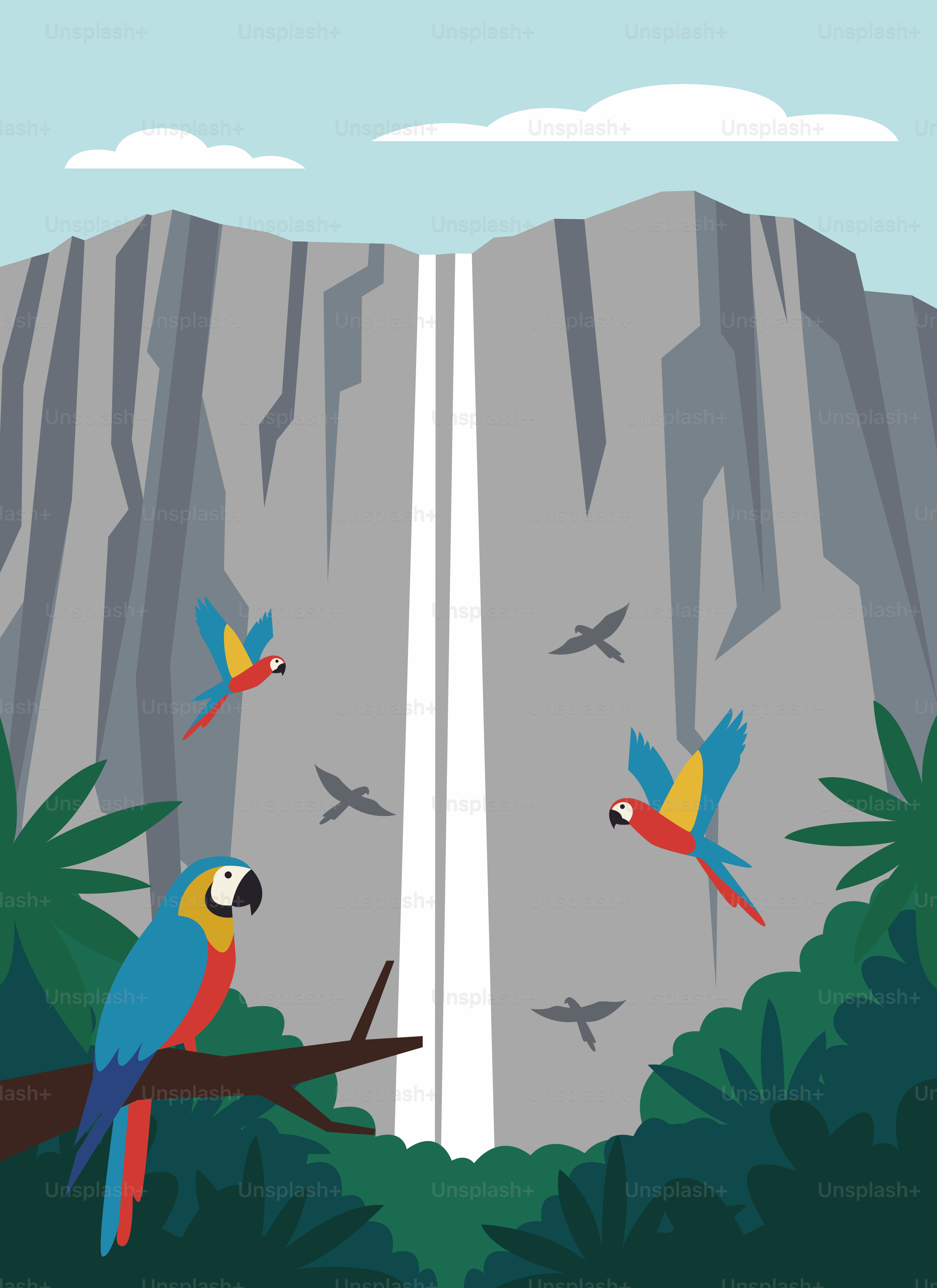 Macaws perch near a waterfall in a lush jungle.