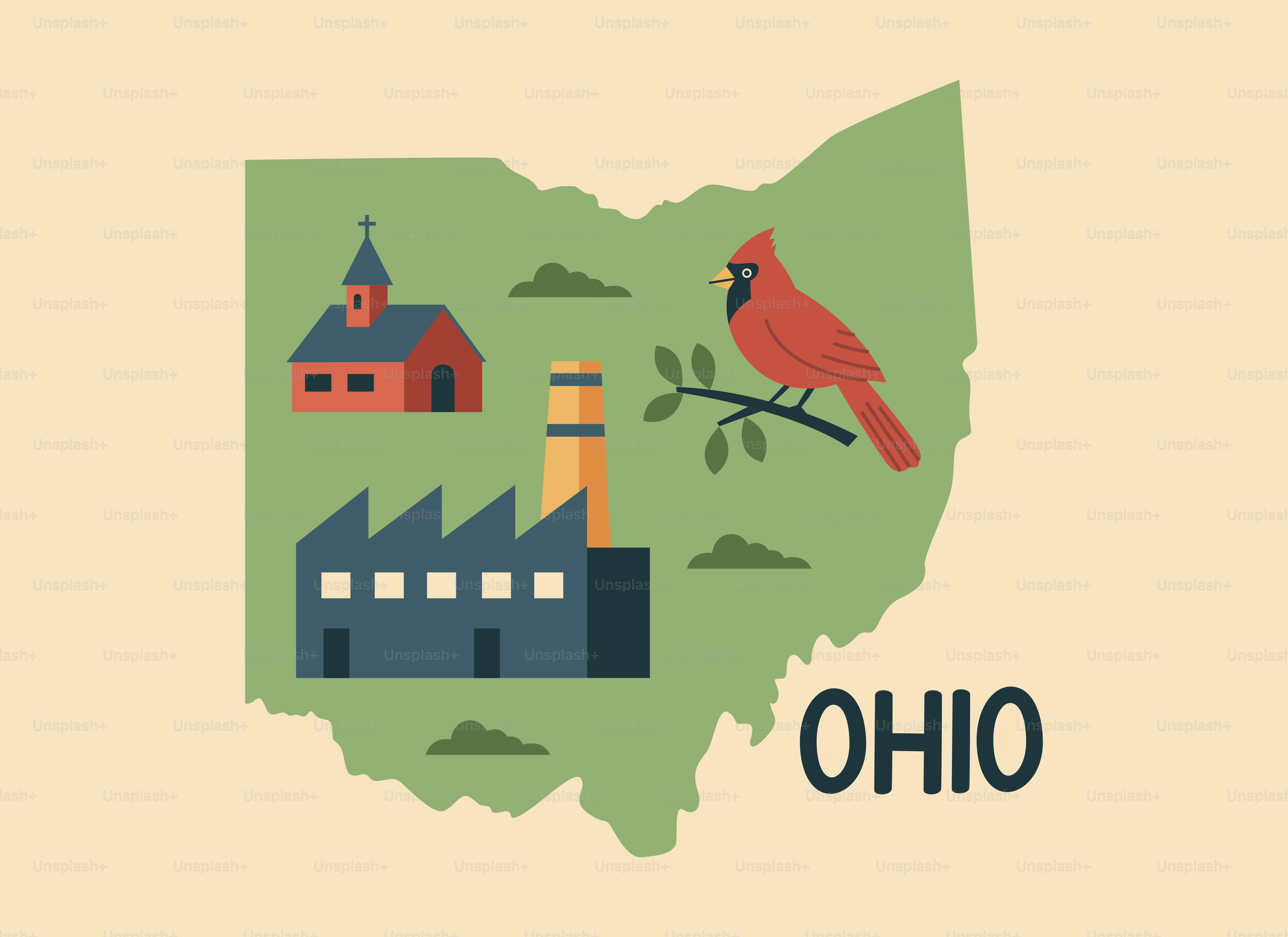 Ohio state outline with cardinal, church, and factory.