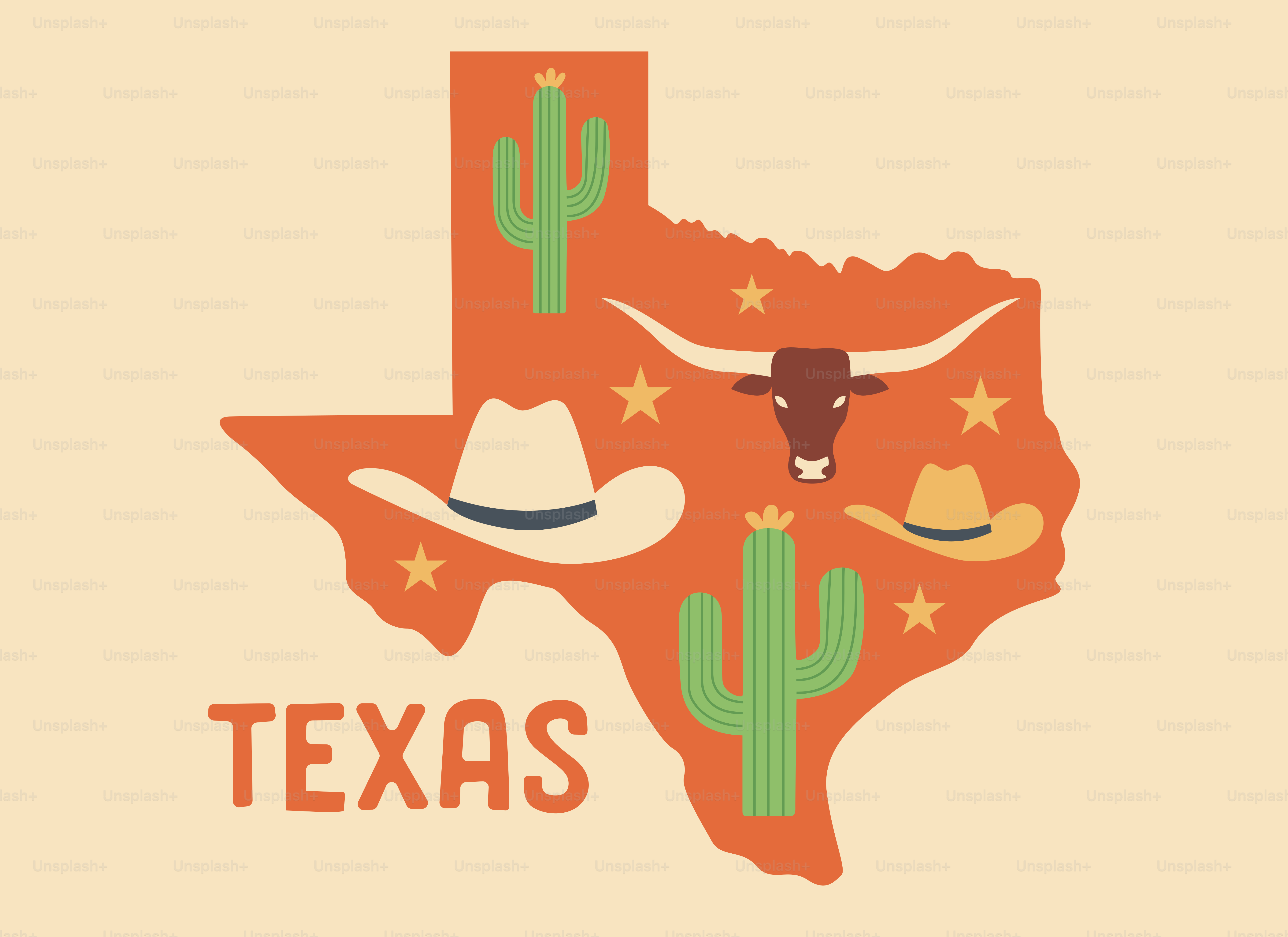 Texas outline with cowboy hats, longhorn, and cacti