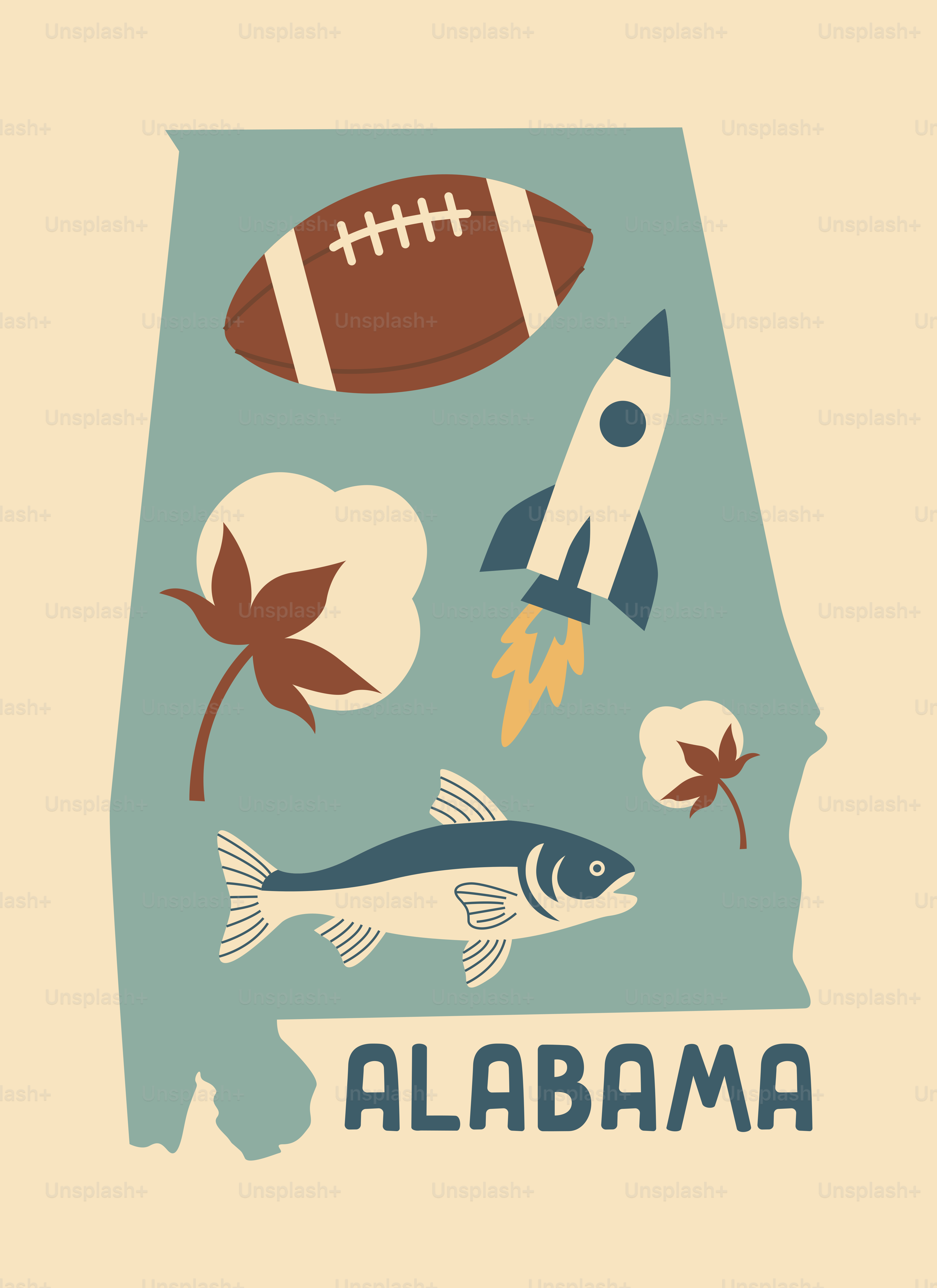 Contorno dello stato dell'Alabama con football, razza, cotone e pesce