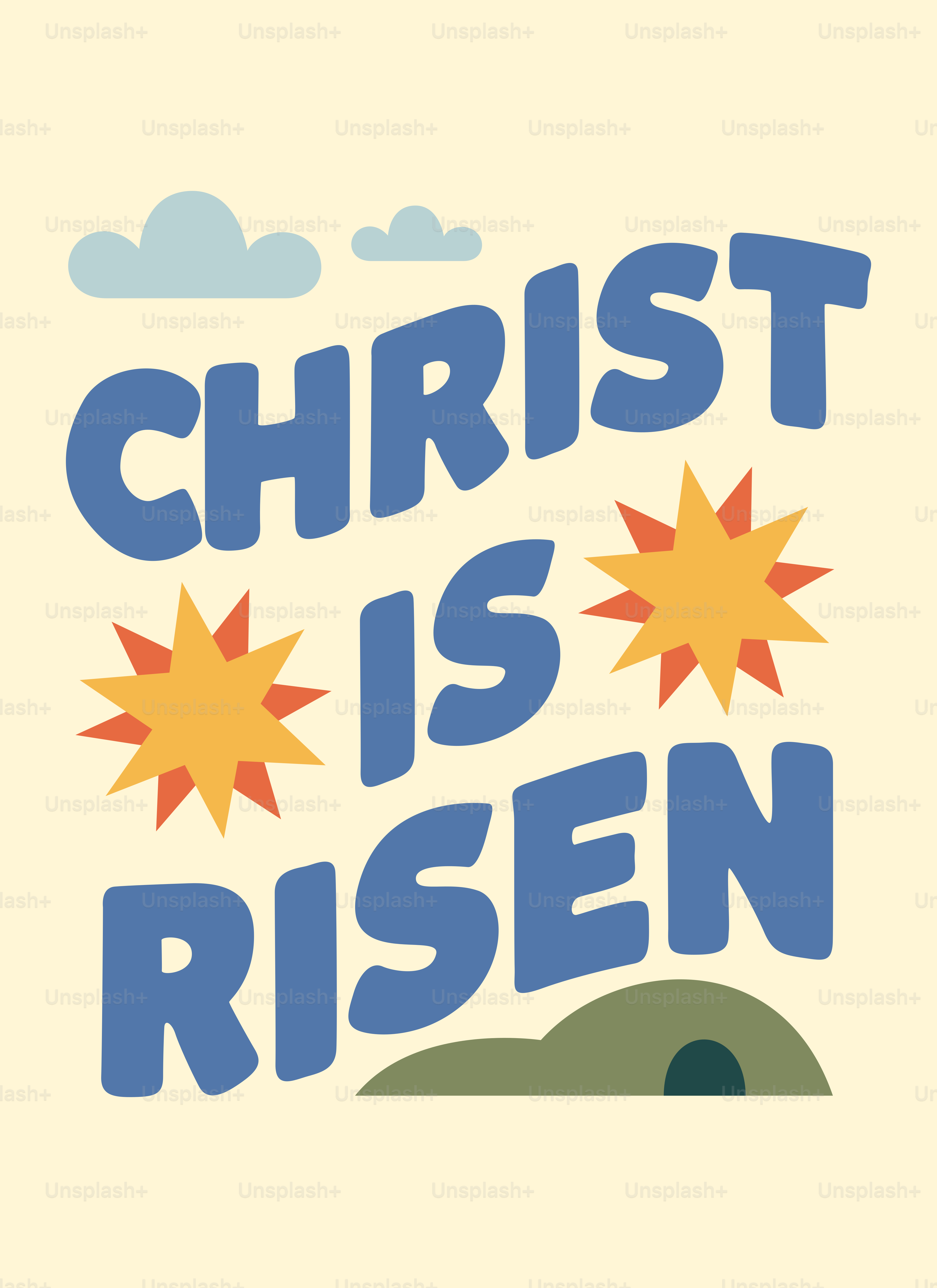 Christus ist auferstanden-Text mit Sonnenstrahlen und Grab