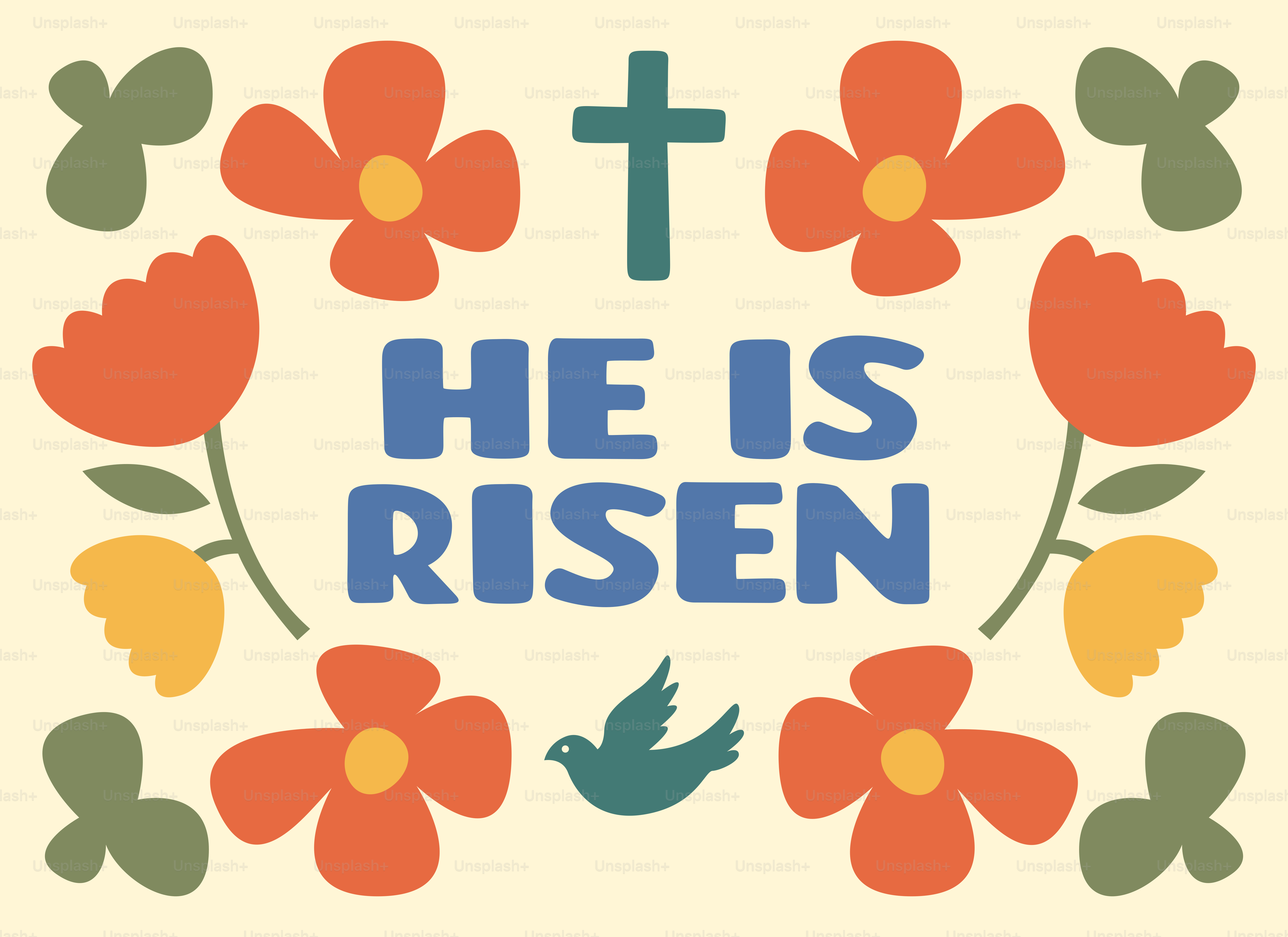 Easter greeting with cross, dove, and flowers
