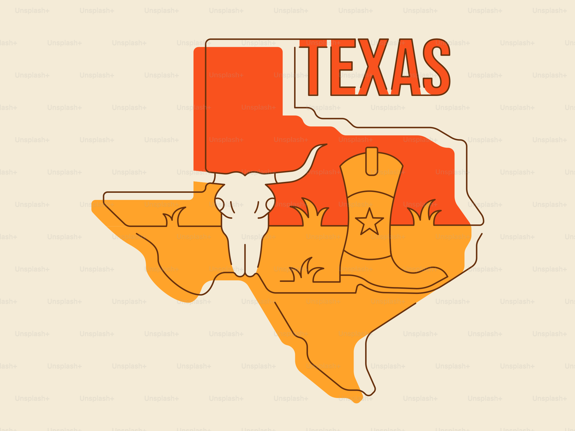 Texas outline with cowboy boot and steer skull