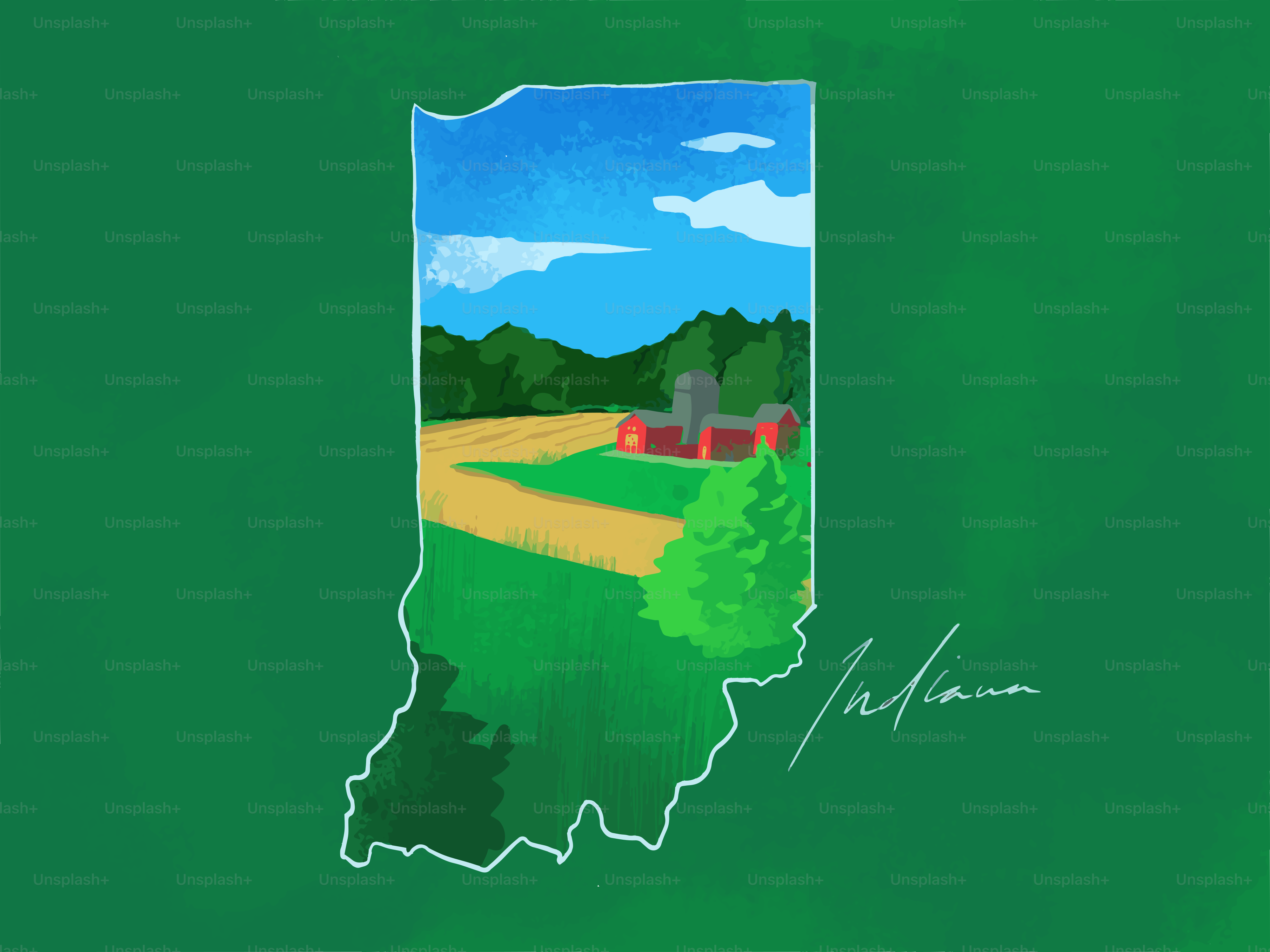 Indiana outline filled with a rural landscape scene.