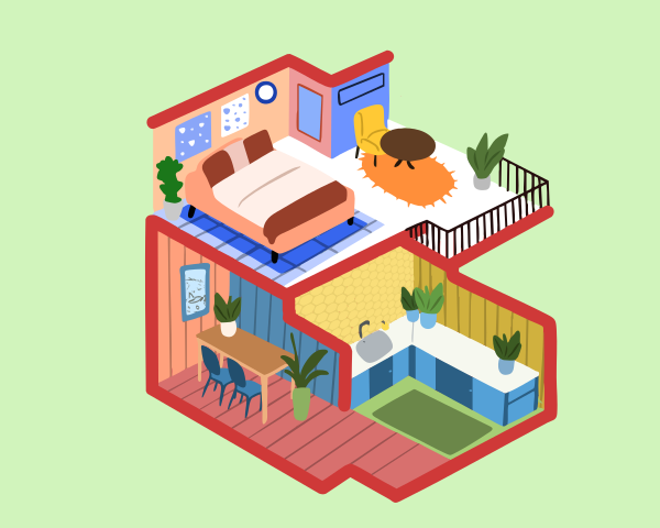 Cozy isometric apartment with bedroom, kitchen, and dining area.