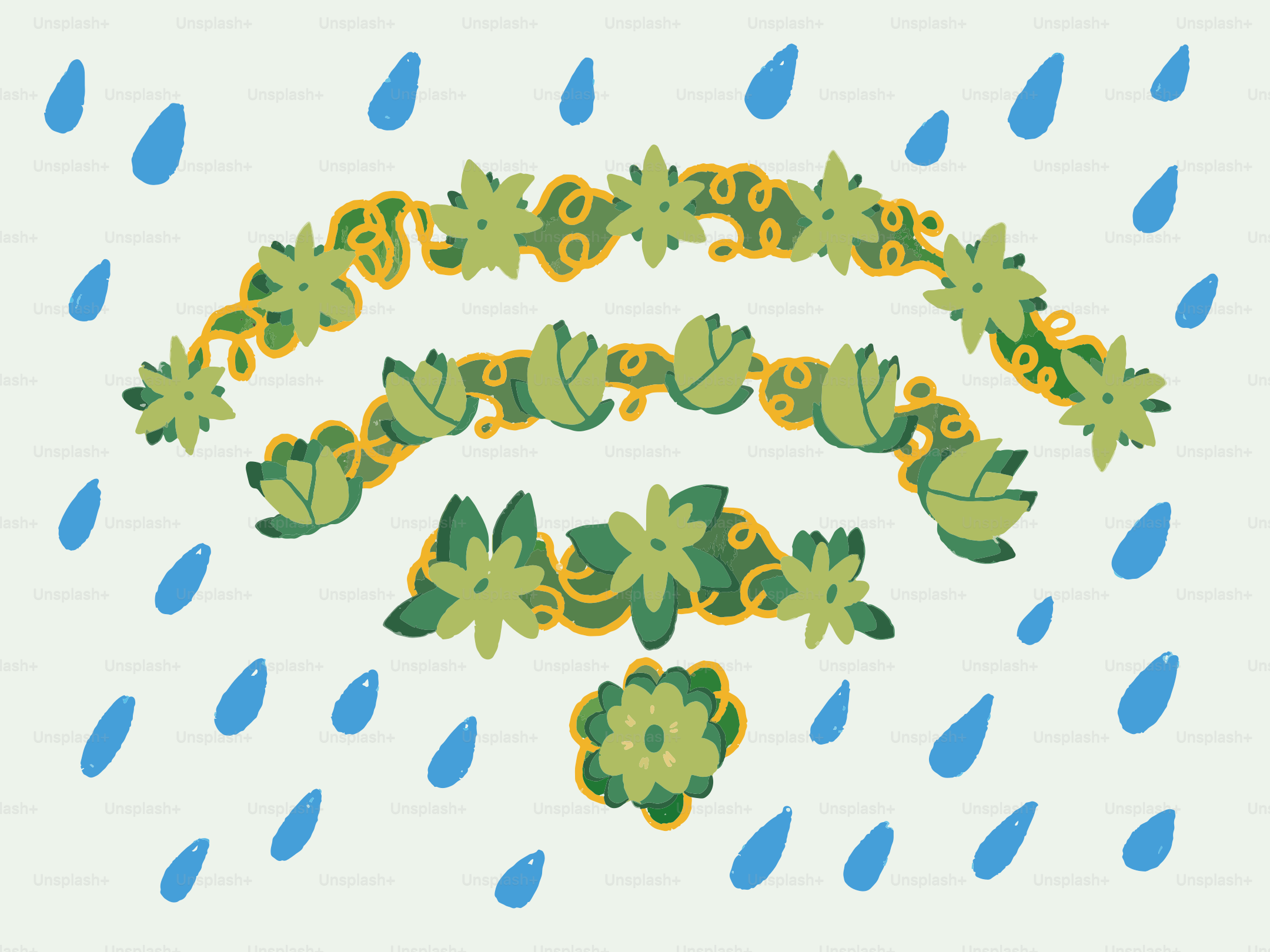 A wifi symbol made of plants with rain falling